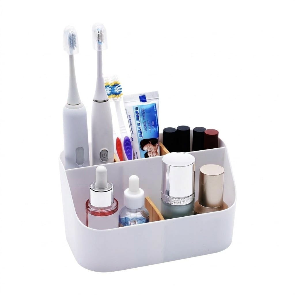 Phyfalip  Electric Toothbrush Holder White Bathroom Organizer with Dividers for Toothbrush Toothpaste Razor Makeup Storage Caddy for Sink Vanity