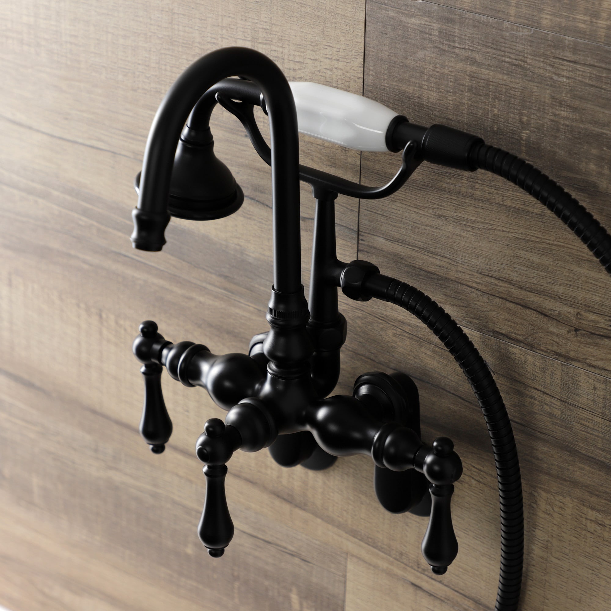Kingston Brass WLAE301T0 Vintage Matte black 3-handle Wall-mount High-arc Bathtub Faucet with Hand Shower ( Valve Included )