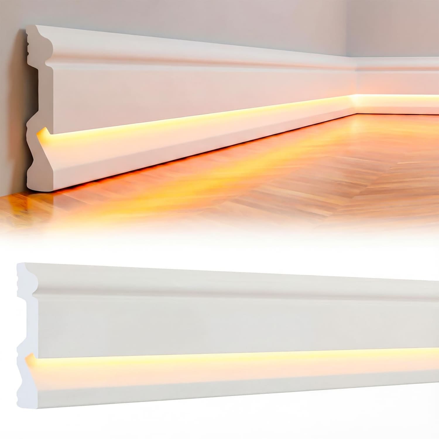 Angel Sar 6-Piece 2.6-ft White Stylish Baseboard Molding with LED Duct for Bedrooms Living rooms
