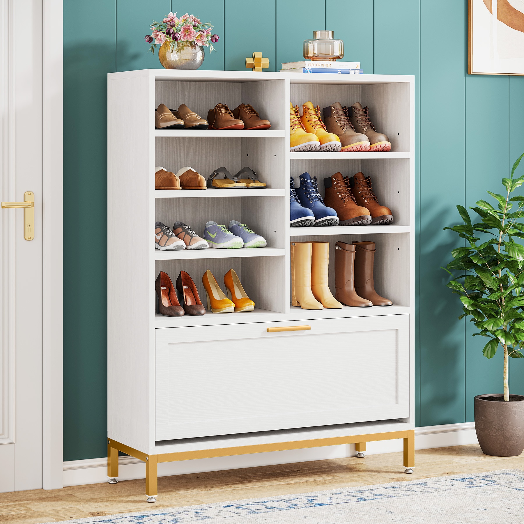 Tribesigns Shoe Cabinet 5-Tier Shoe Storage Cabinet with Open Shelves &  Hooks, Freestanding Wooden Shoe Rack Storage Modern Shoe Organizer for