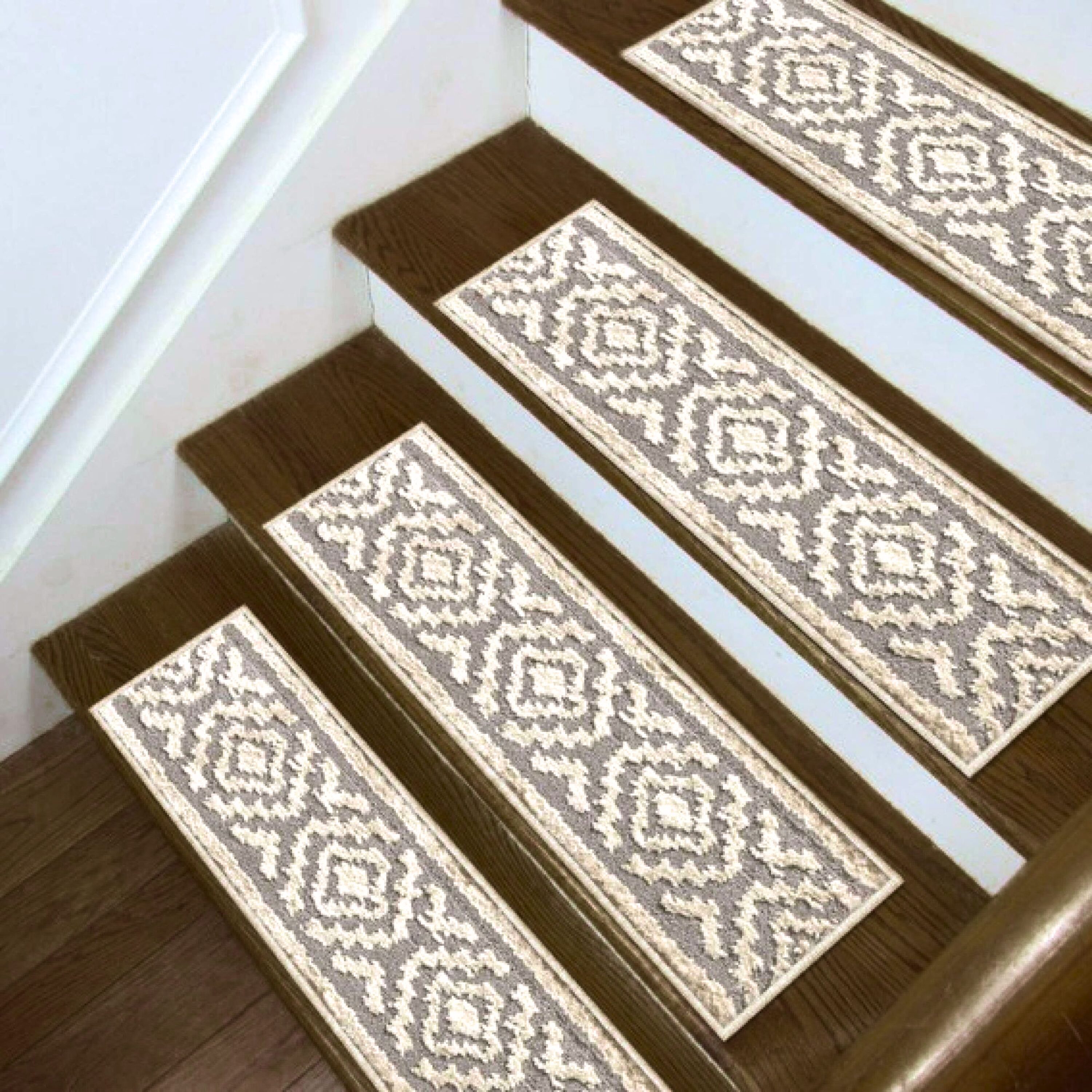 Moroccan Design Stair Rug, White Stair Treads Carpet, Non-slip