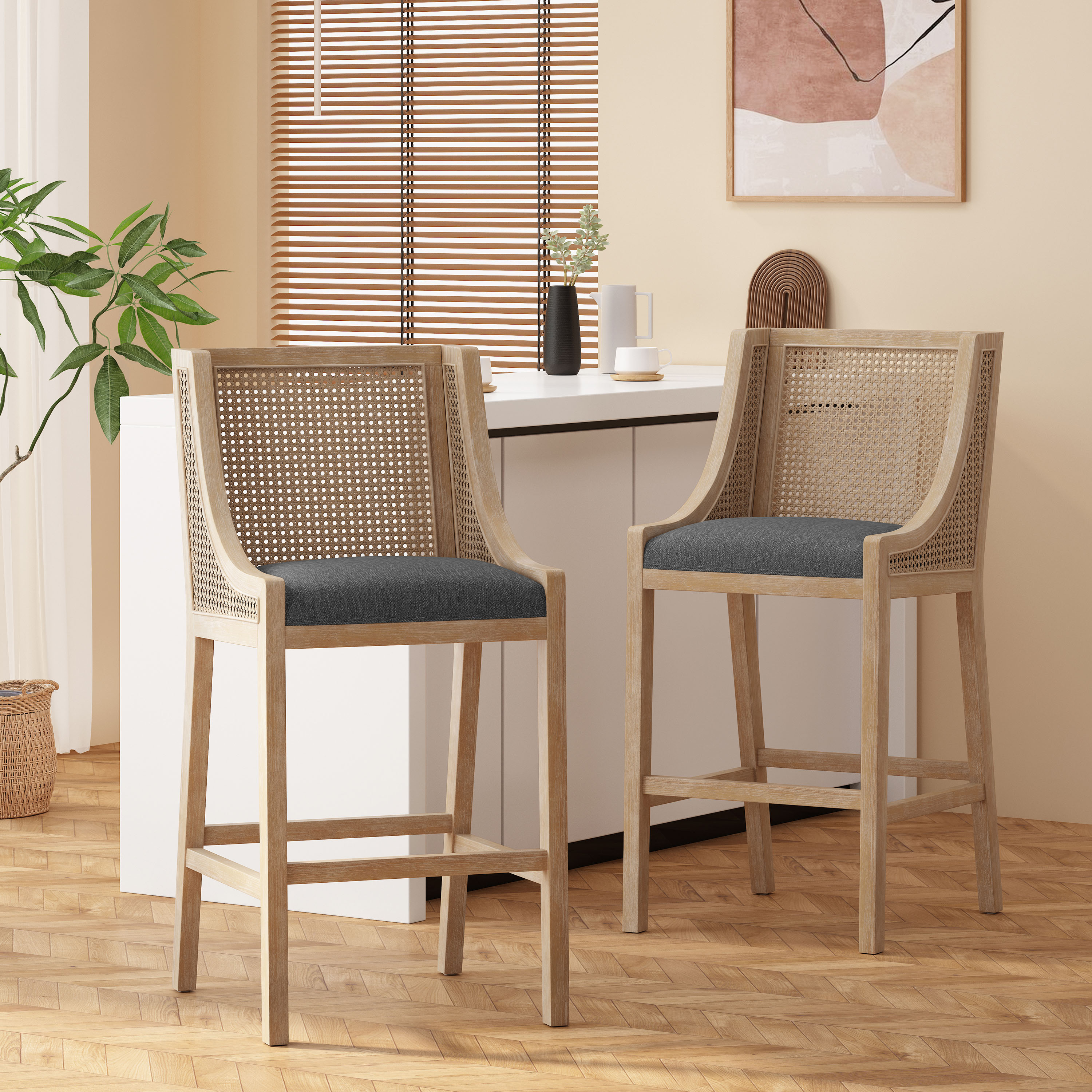 Charcoal and Natural Wood Cane Back 30" Barstools, Set of 2
