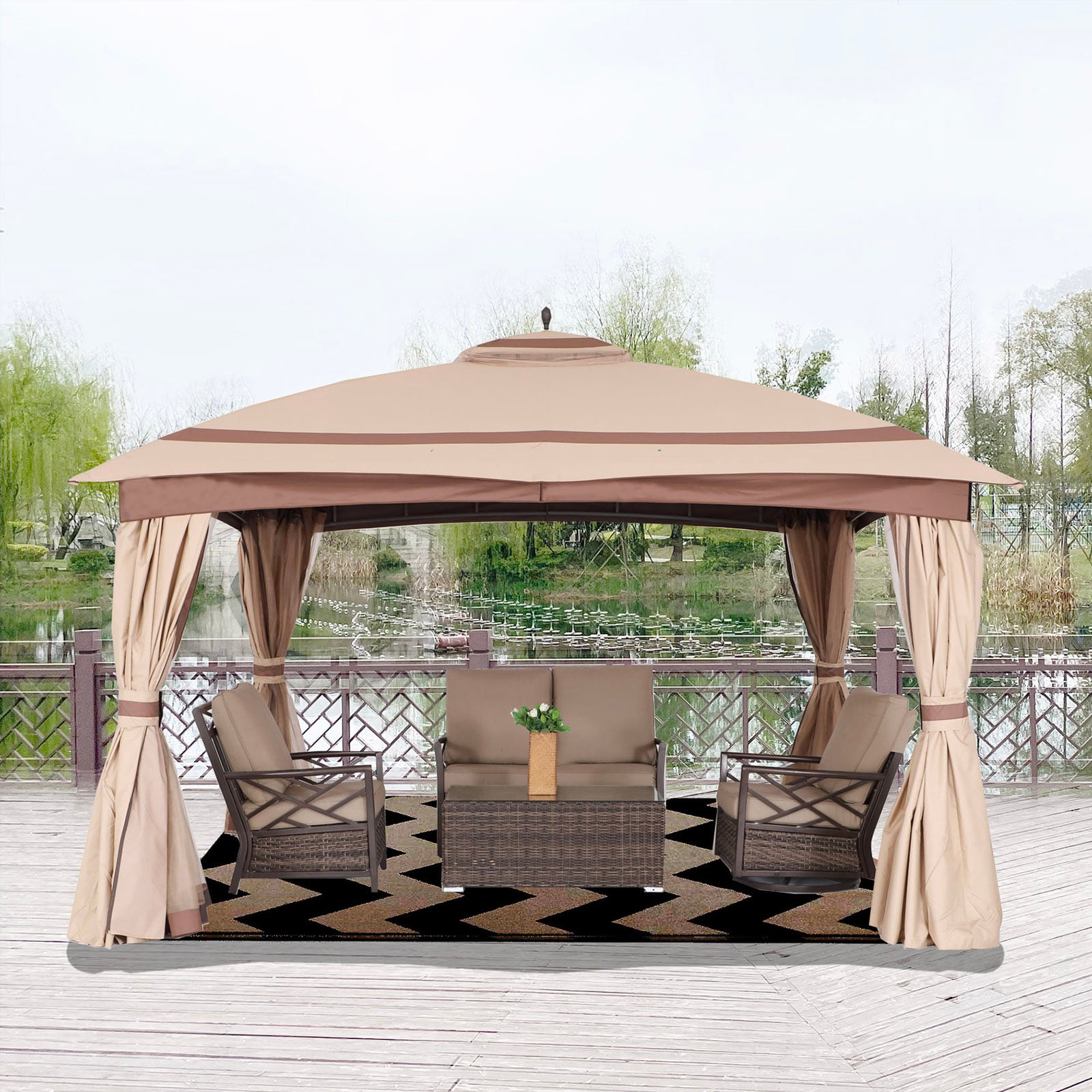 StarEcho 13-ft x 11-ft Patio gazebo with Netting and Curtain Rectangle ...