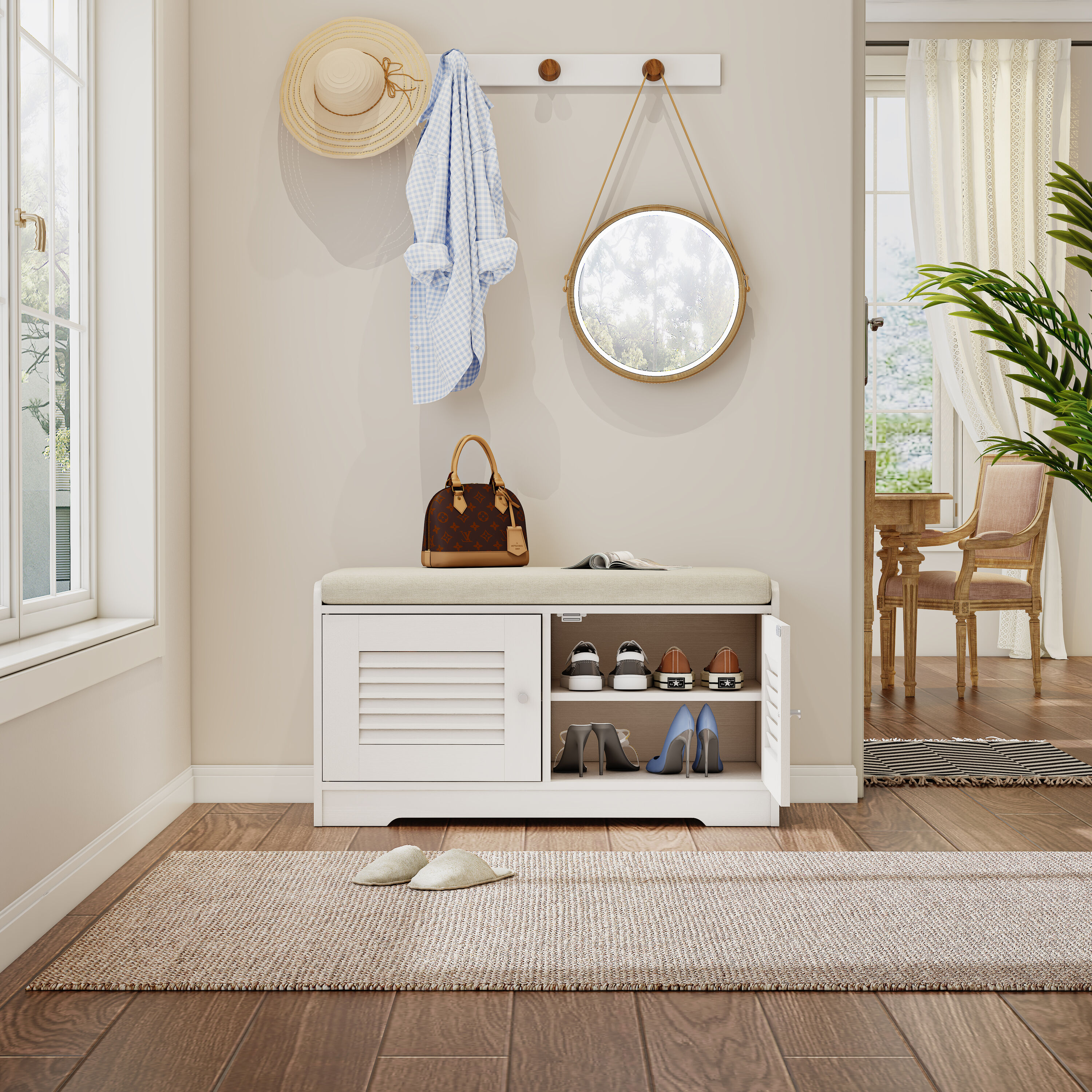 Huluwat Shoe Storage Bench with 2 Door Cabinet Entryway Bench with White Shoe Storage Shoe Bench with Cushion Adjustable Shelves Shoe Rack Bench for Entryway Hallway