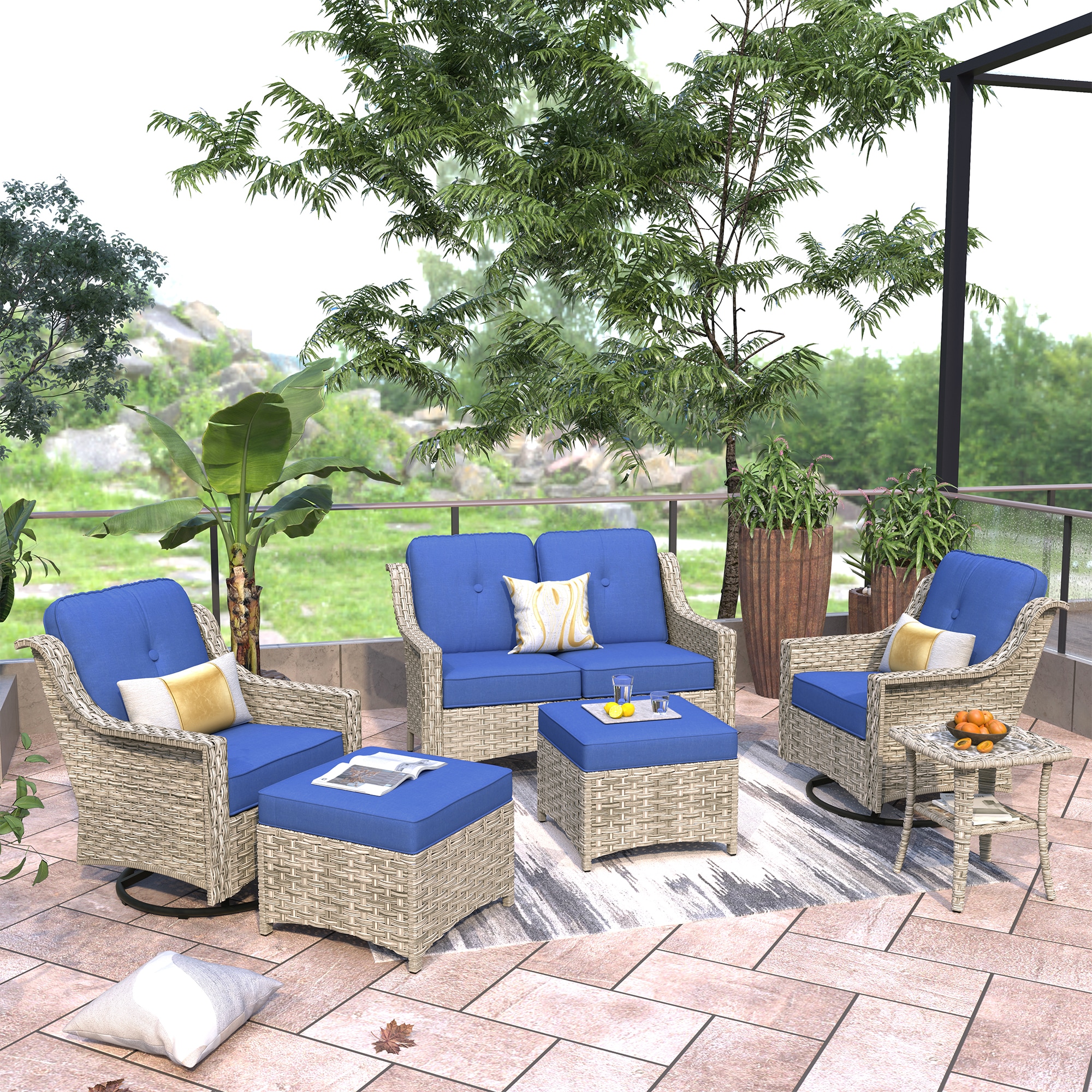 Ovios PDL706Y 6-Piece Wicker Patio Conversation Set with Blue Cushions