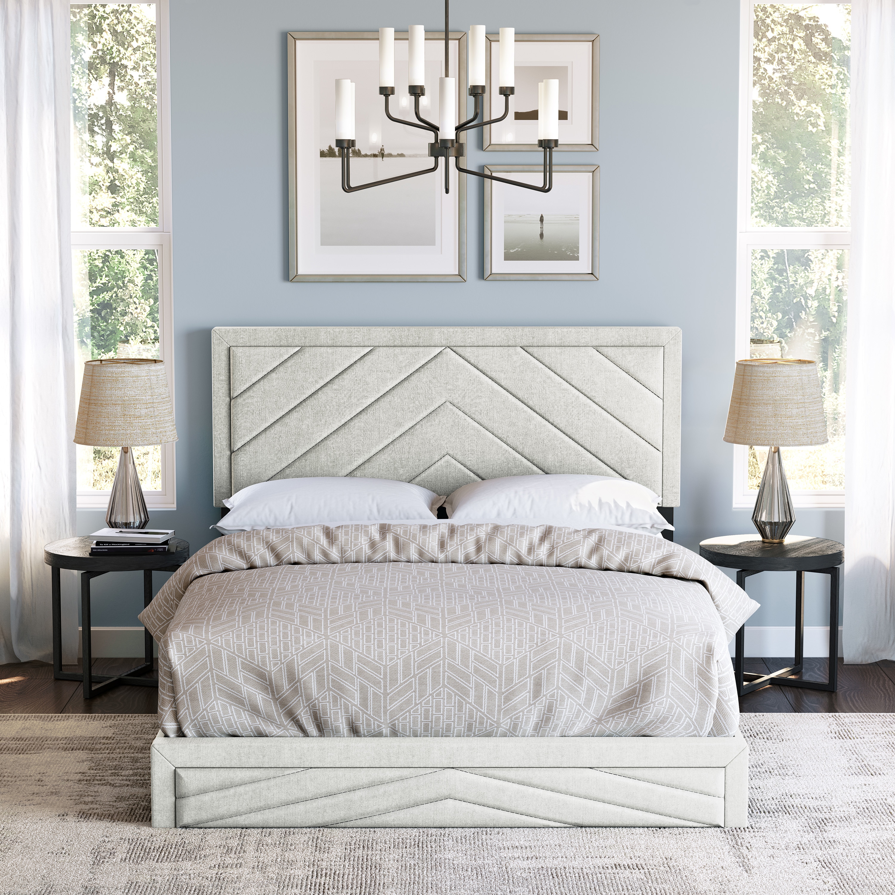 Boyd Sleep HC203701402 Barcelona Linen Upholstered Platform Bed Frame with Chevron Patterned Headboard- Sturdy 14 Slat Wood Support System- No Box Spring Required