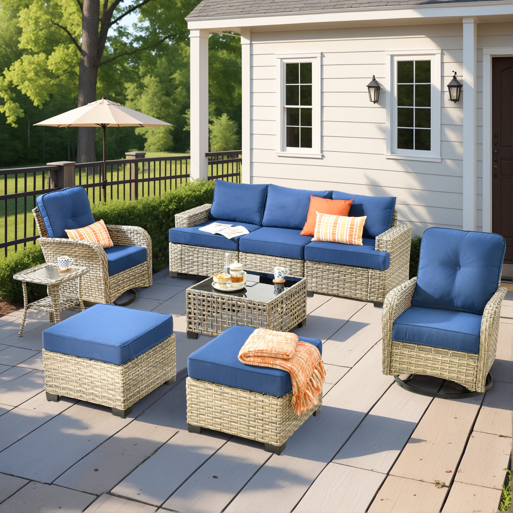 ALTRIGUS 6L-VYZTBS7091-AL 9 -Piece Wicker Patio Sofa Conversation Set with Navy Cushions