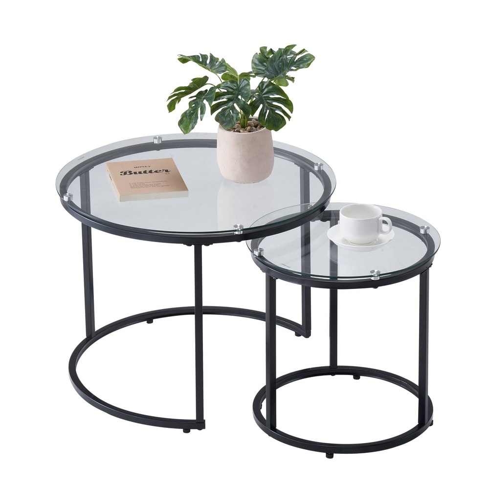 GIVIMO Modern Glass Nesting Coffee Table Set of 2 with Metal Frame 23.6-in Round Tempered Glass Coffee Table and 15.8-in Side Table for Living Room