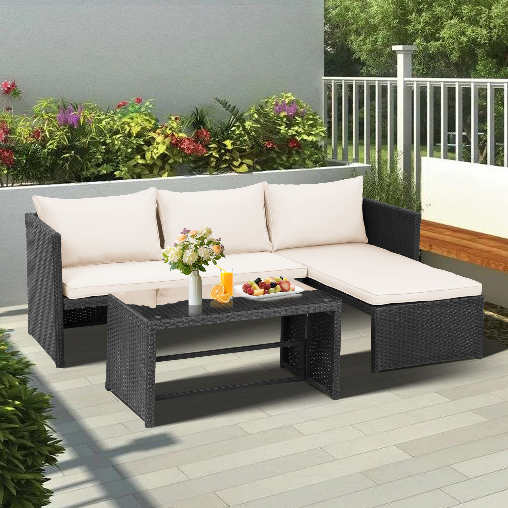 Grearden LANC-023-BG 3 -Piece Wicker Patio Conversation Set with Off-white Cushions