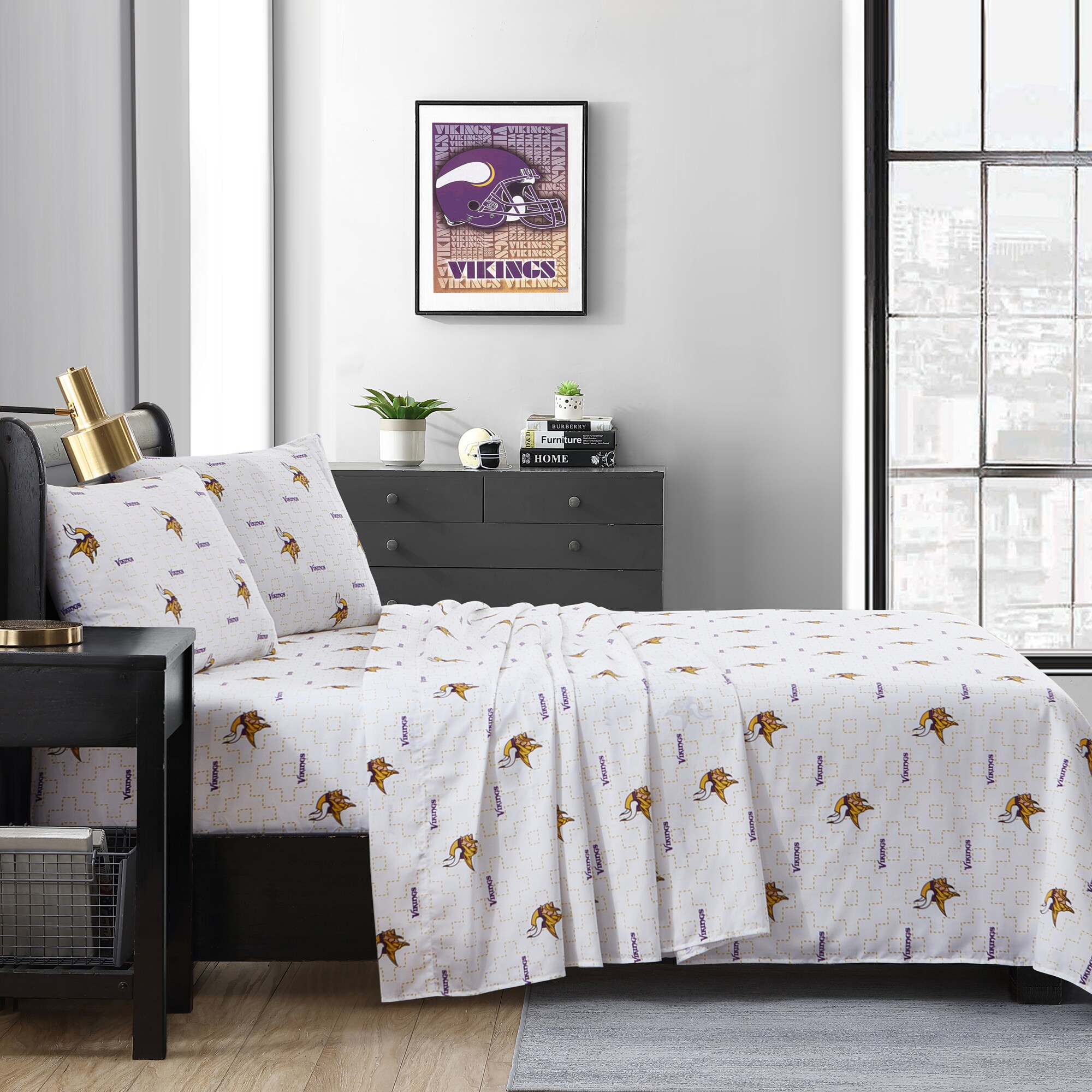 Minnesota Vikings Bedding Set 3PCS Fitted Sheet Mattress Cover Two  Pillowcases