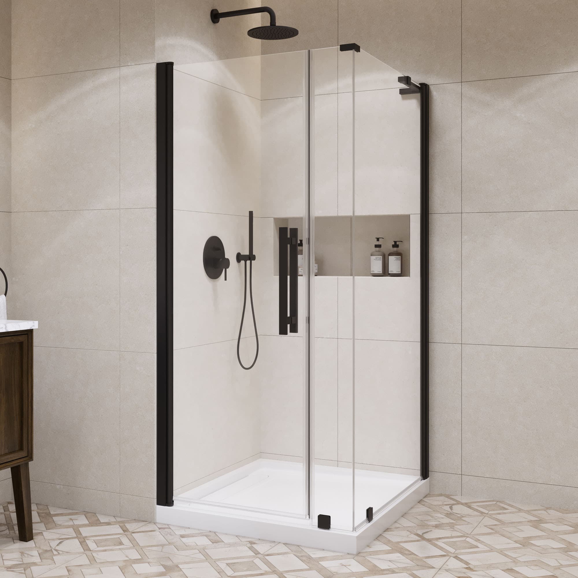 OVE Decors 15SKS-PASA36-BLK Pasadena 3 -Piece 36-in W x 36-in L x 75-in H Rectangle Corner shower kit ( Reversible Drain) Base and Door Black Hardware Included