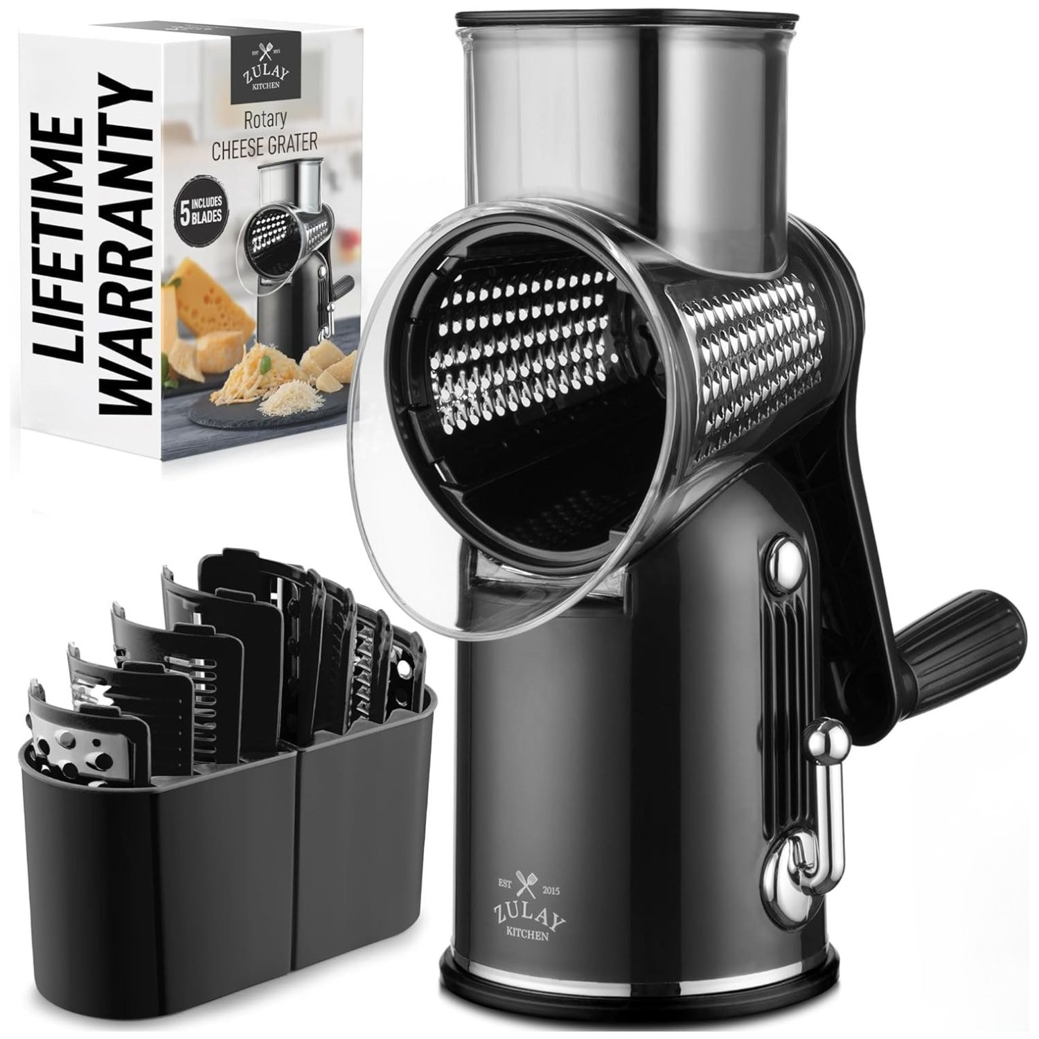 Zulay Kitchen Classic Rotary Cheese Grater with 5 Interchangeable Drums and Reinforced Suction