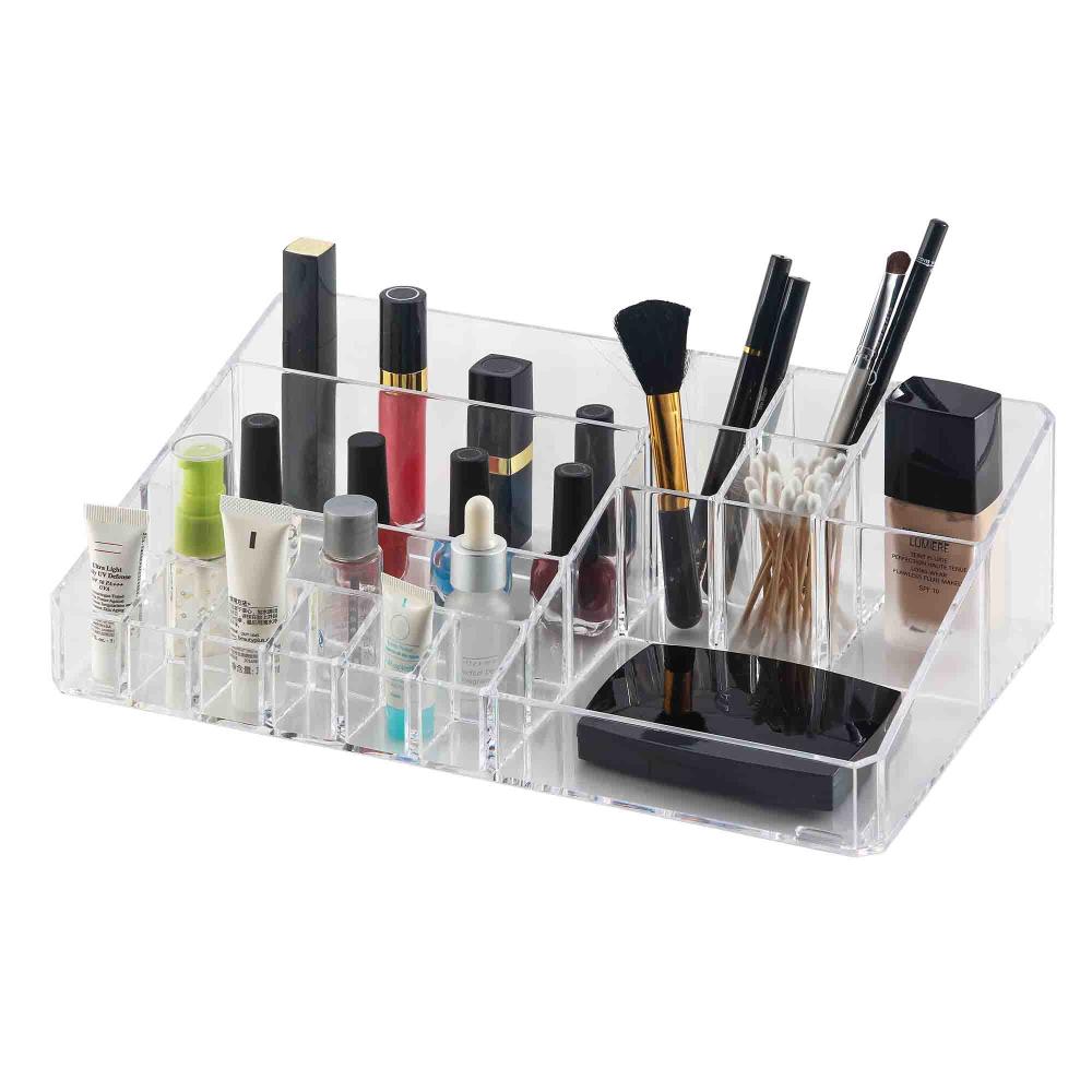 mDesign Divided Makeup Organizer Caddy with Natural Oak Handle,  Clear/Natural