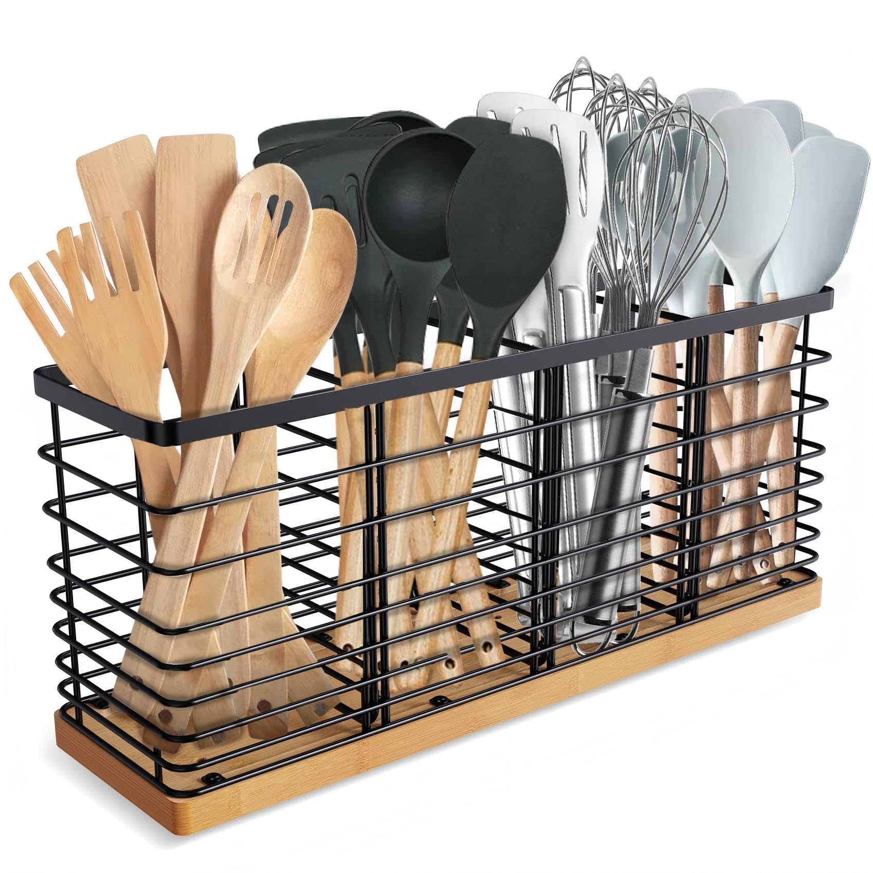 Etokfoks  Extra Large Kitchen Utensil Holder with Four Compartments Matte Black Metal Wire and Wooden Base 15 7 in by 4 3 in by 7 1 in