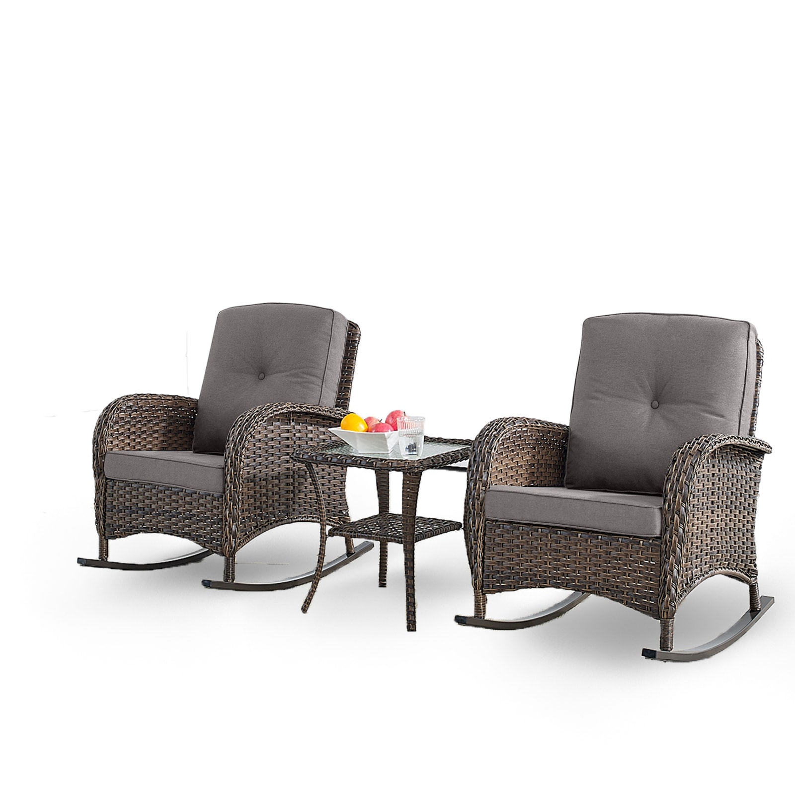 Rilyson FS086-3 New Juno Set of 2 Wicker Brown Wicker Frame Rocking Chair with Gray Cushioned Seat