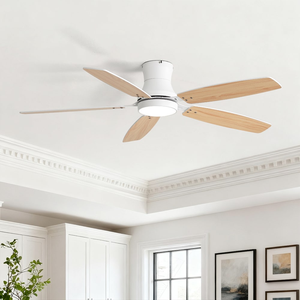 Sofucor 52-in Minimalism Dual-Sided White 5-Blade Modern Ceiling Fan with Light Kit Remote Indoor Flush Mount Propeller Fan