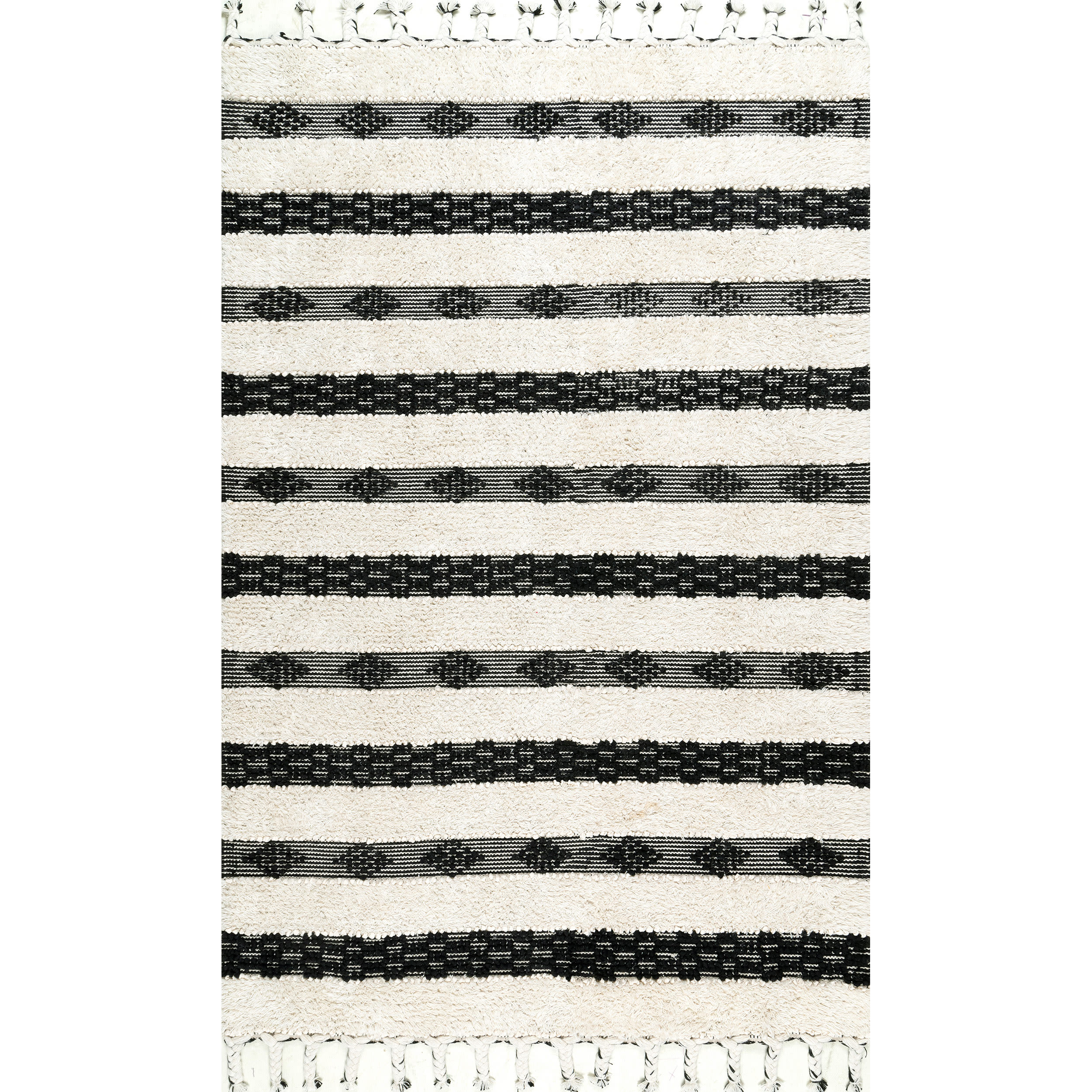 Ivory Striped Tufted Wool Shag Area Rug 5' x 8'