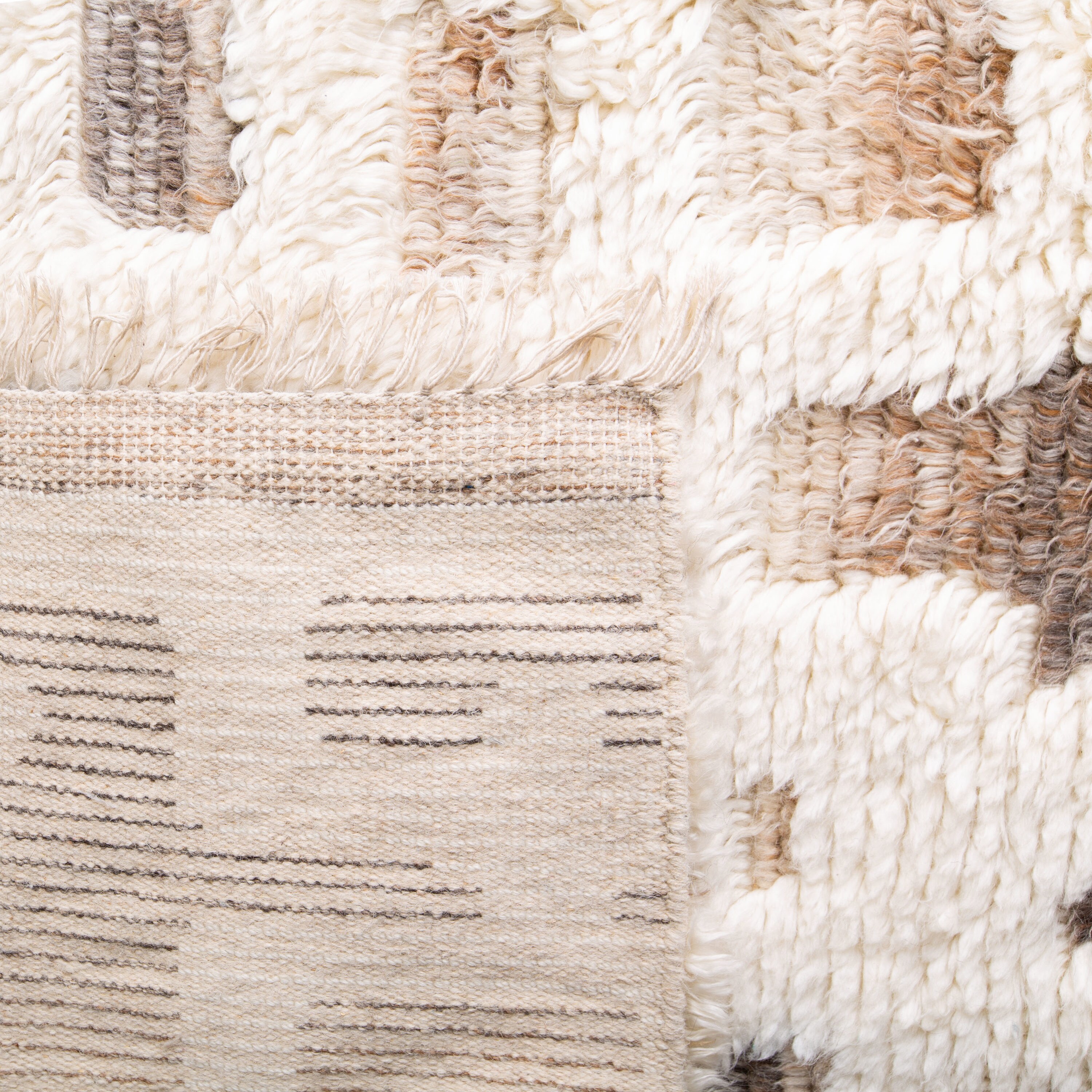 Ivory and Grey Hand-Knotted Wool Shag Runner Rug
