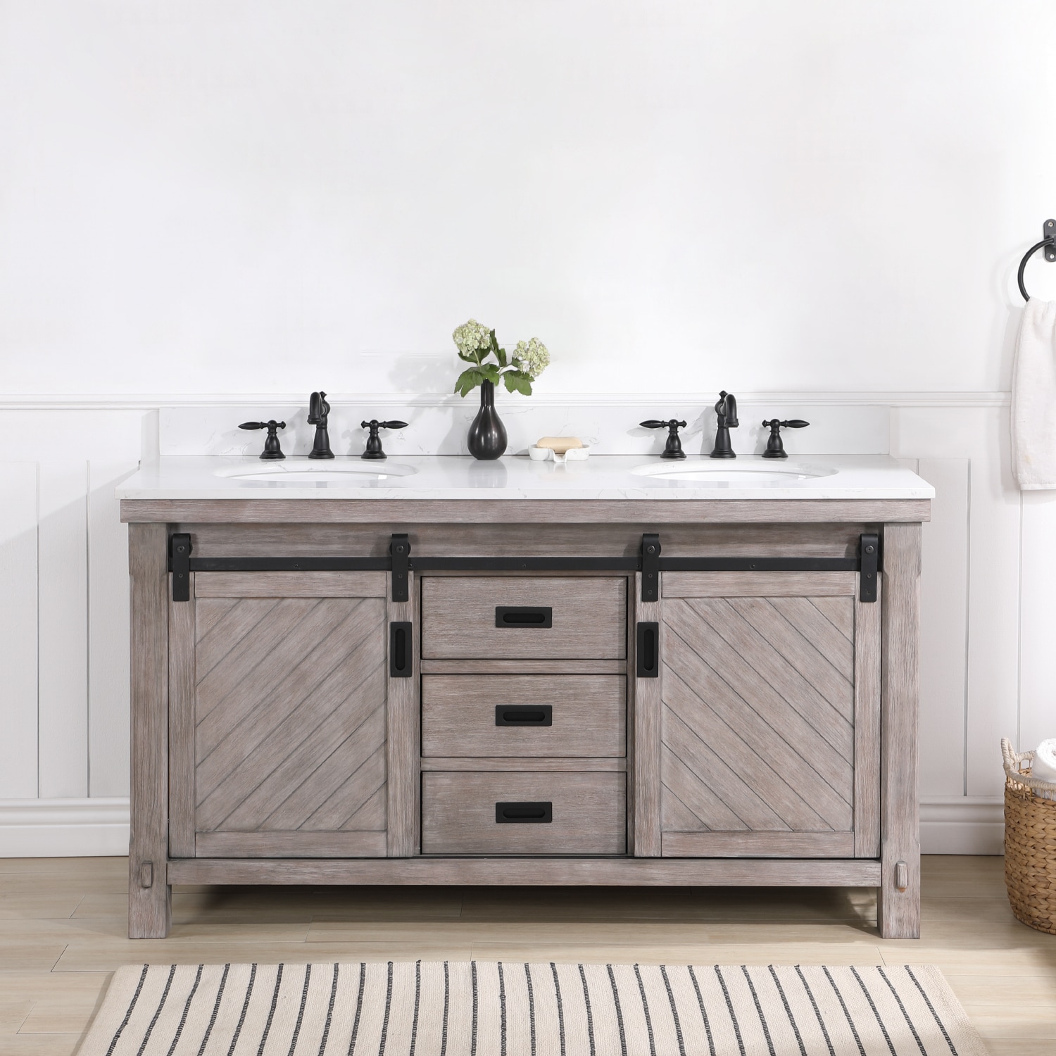 Vinnova 701760-CR-WS-NM Cortes 60-in Classical Gray Undermount Double sink Bathroom Vanity with White Engineered stone Top