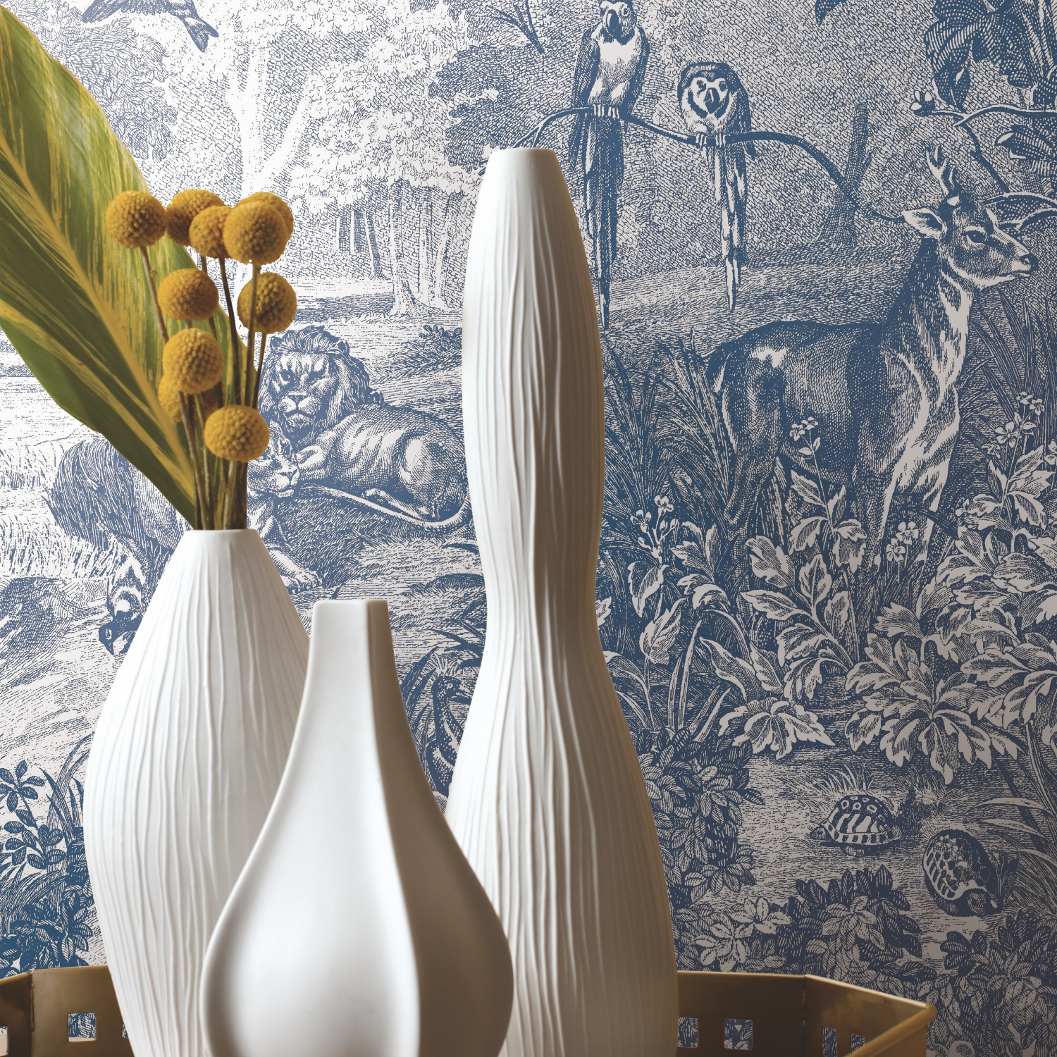 Blue and Gray Jungle Toile Peel and Stick Wallpaper Roll