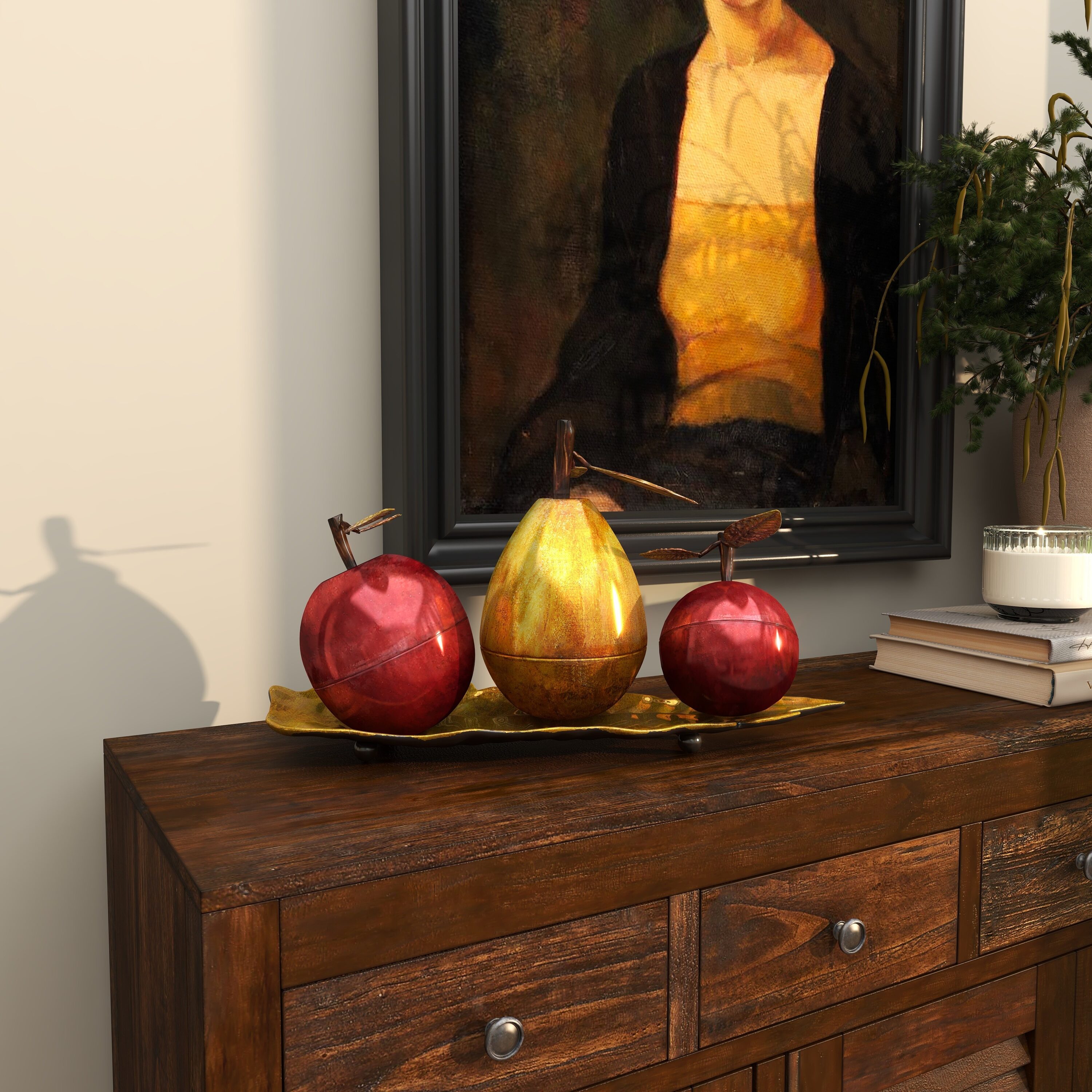 Glossy Red Apple and Yellow Pear Metal Sculpture on Leaf Tray