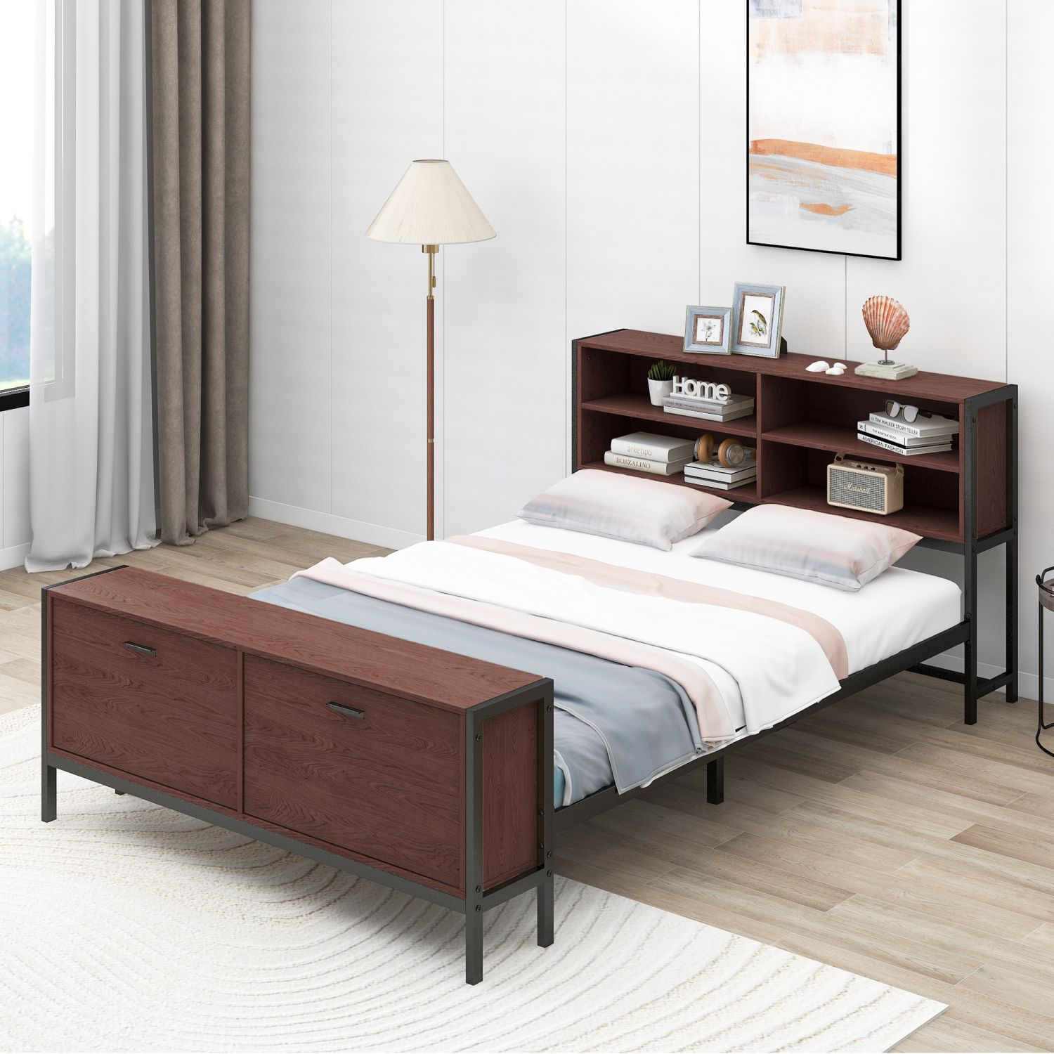 JASMODER GX000618AAD Brown Queen Composite Platform Bed with Storage