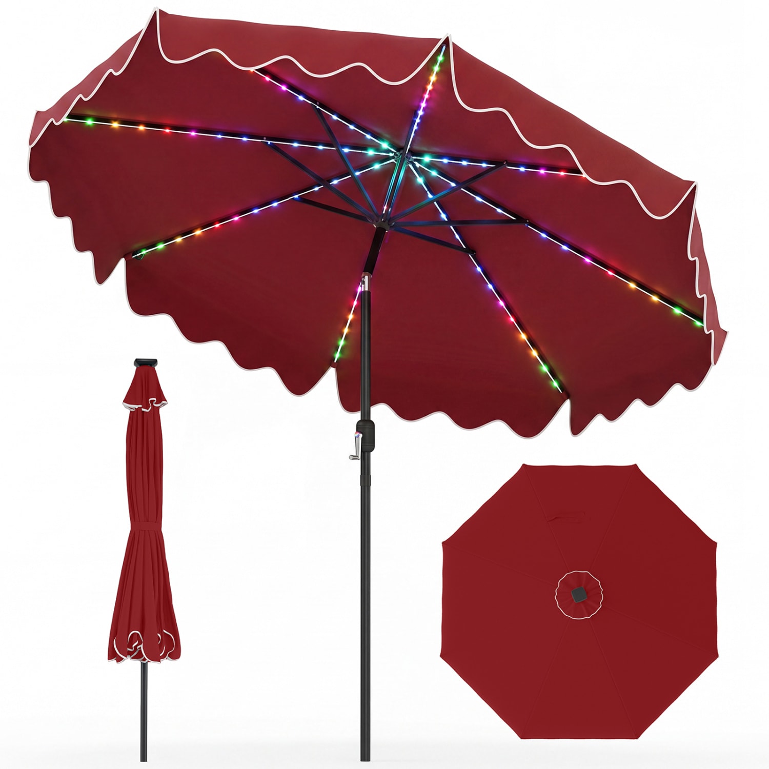 colored patio umbrella lights String with 16 Color Changing and 12 Modes, Remote Control 104 Ultra Bright LED Beads Waterproof Battery and USB Operated with 8 Light Strings for Patio Umbrellas Camping Tents Patio Premium Double Head Outdoor Umbrella is made from sturdy steel poles and 100% premium polyester fibre Watch Before You Purchase A