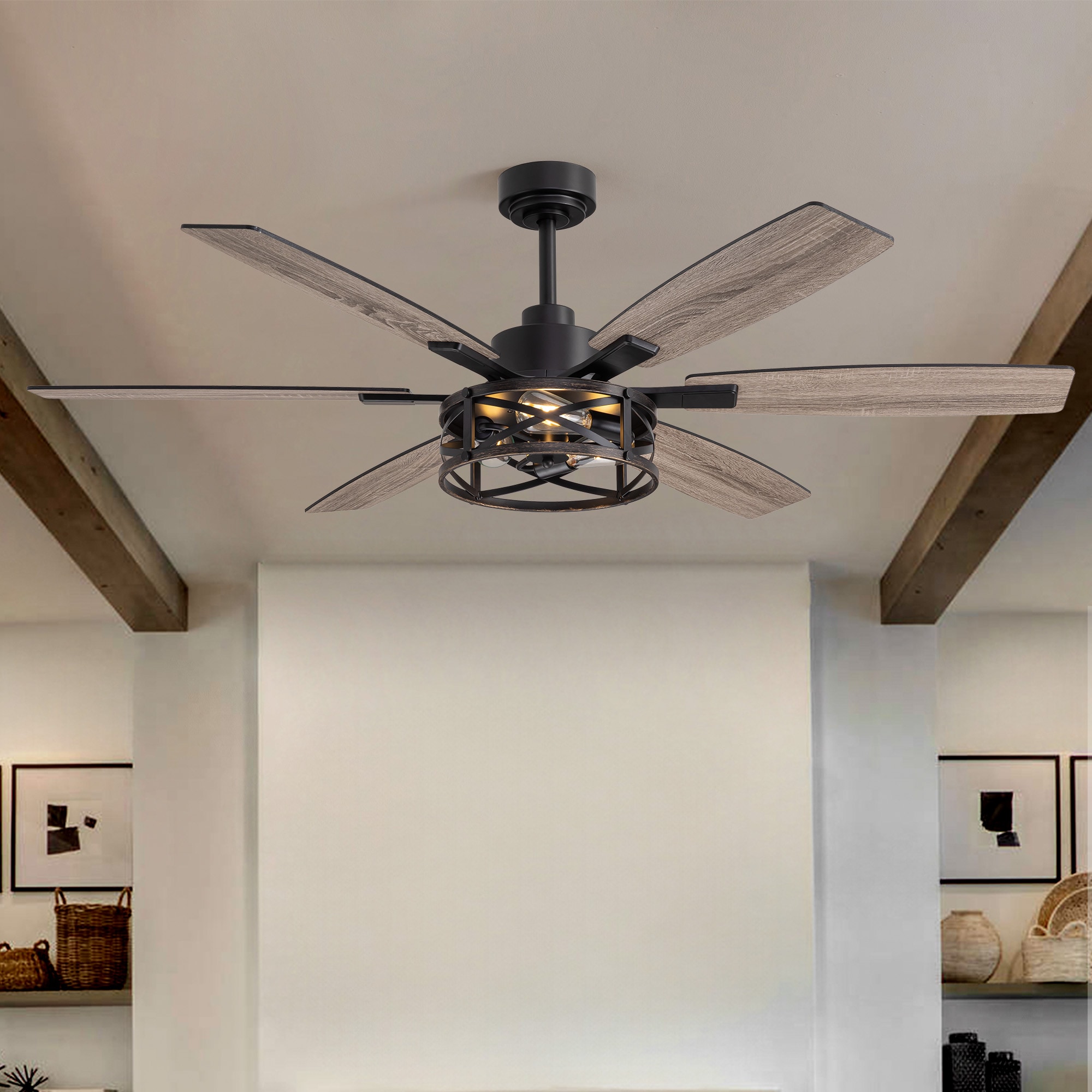 SILJOY 60-In Black and Gold Farmhouse Cage Ceiling Fan with Light Remote Control and 6 Reversible Blades for Living Room Bedroom Kitchen Covered Patio