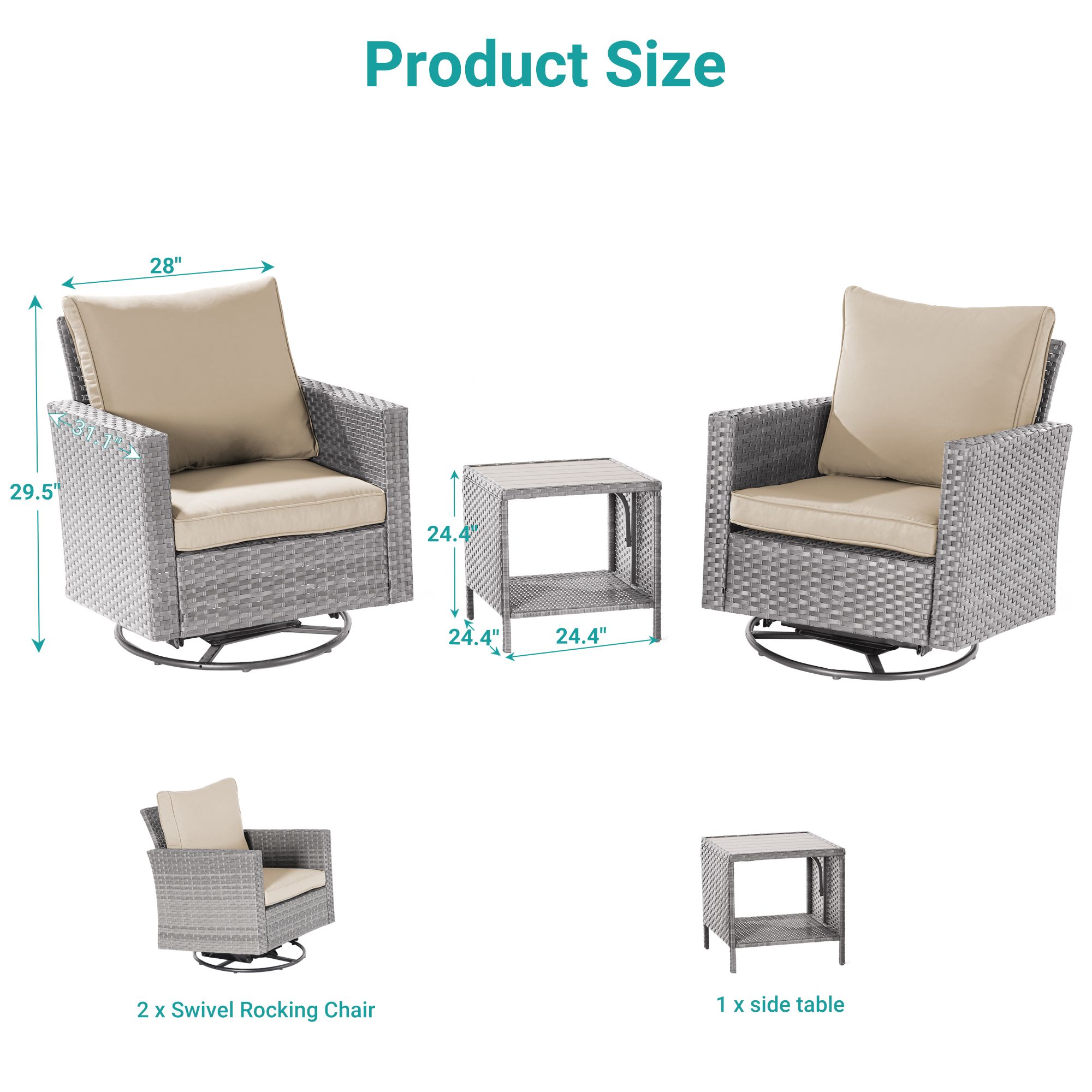 ACEGOSES Swivel Rocker Chair 3-Piece Wicker Patio Conversation Set with ...