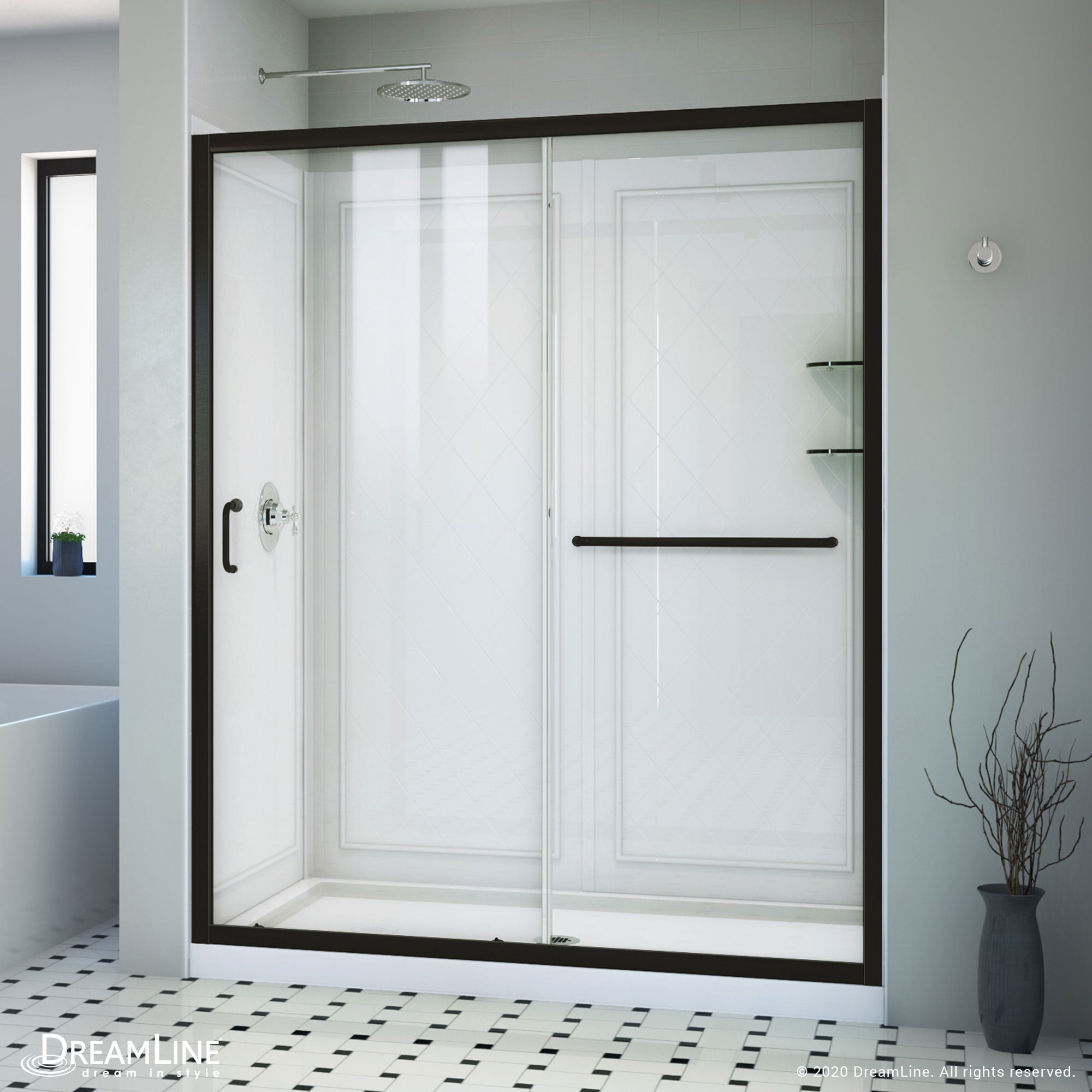 DreamLine DL-6117-CLC-09 Infinity-Z 3 -Piece 60-in W x 32-in L x 77-in H Rectangular Alcove shower kit ( Center Drain) Base, Wall, Door Black Hardware Included