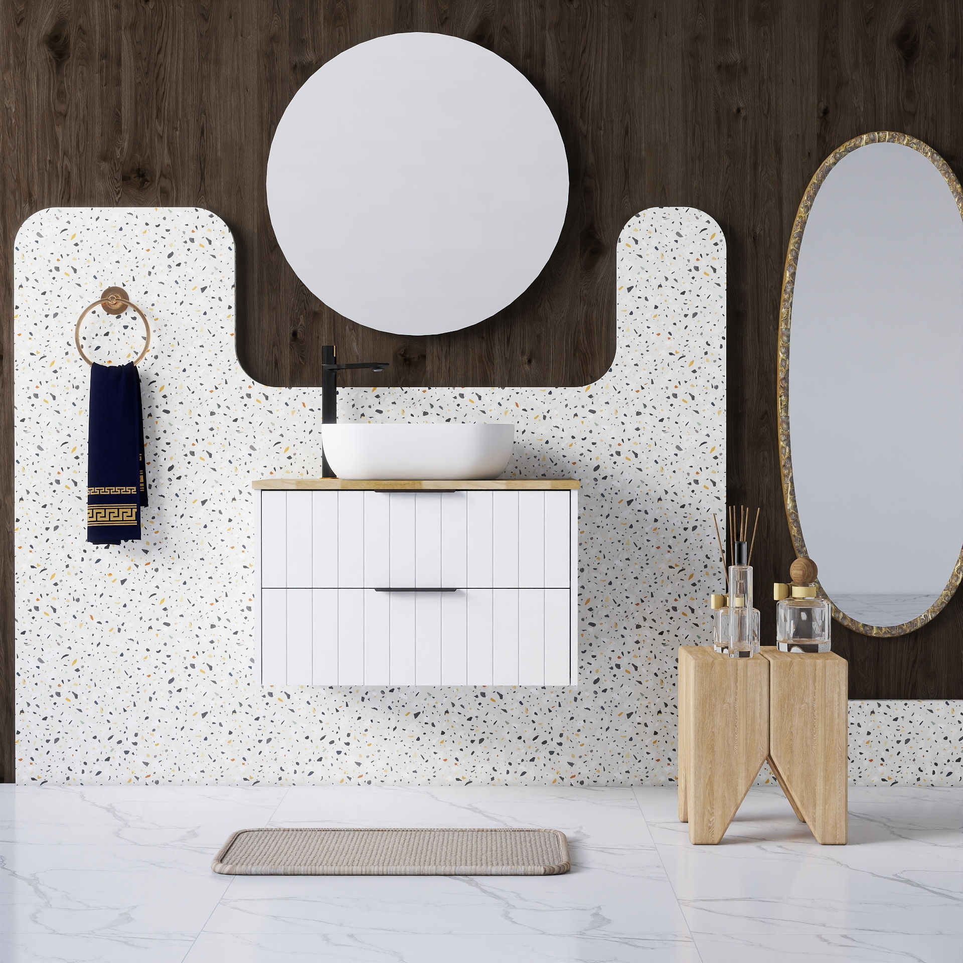 Tatayosi DJ-151S00009 32 Inch Double Drawer Wall Mounted Bathroom Vanity White Cabinet Solid Wood Natural Top Square Art Ceramic Sink White Round Mirror Modern Minimalist Design Combining Functionality and Style