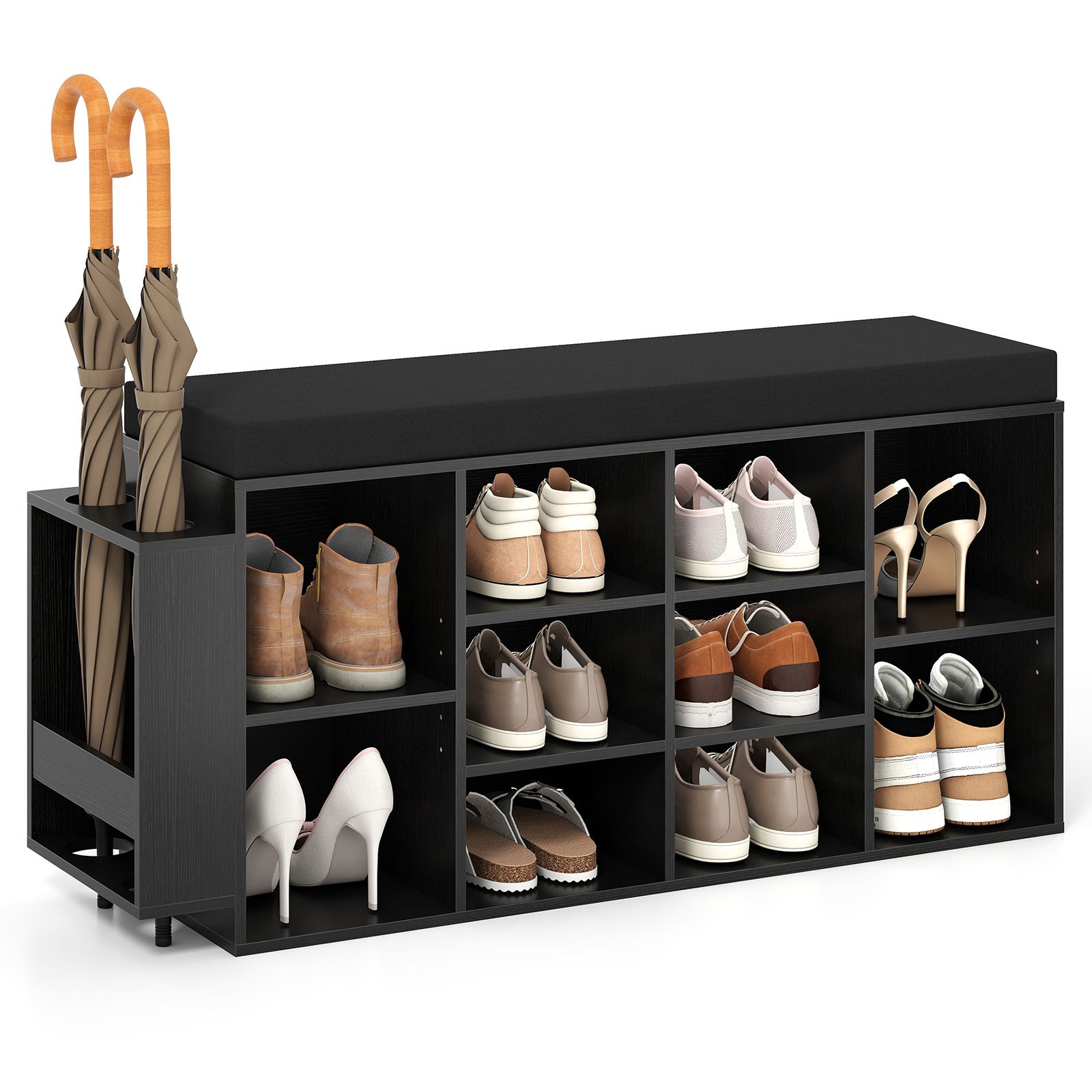 Slickblue Rustic Brown/Black Wooden Shoe Storage Bench with Padded Seat 10 Cubby Storage and Umbrella Holder for Bedroom or Closet