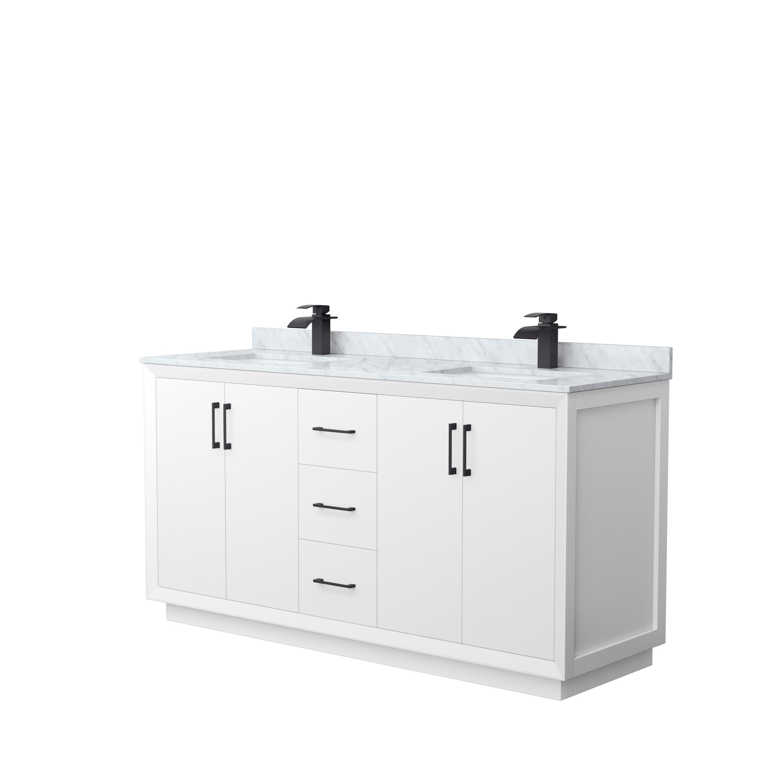 Wyndham Collection WCF414166DWBCMUNSMXX Strada 66-in White with Matte Black Trim Undermount Double sink Bathroom Vanity with White Carrara marble Natural marble Top