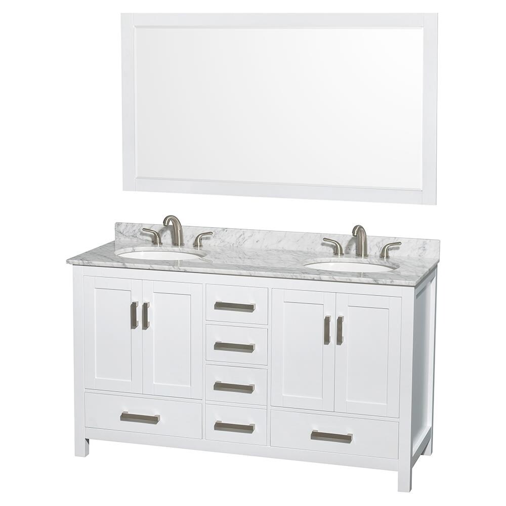 Wyndham Collection WCS141460DWHCMUNOM58 Sheffield 60-in White with Brushed Chrome Trim Undermount Double Sink Bathroom Vanity with White Carrera Natural Marble Top (Mirror Included)