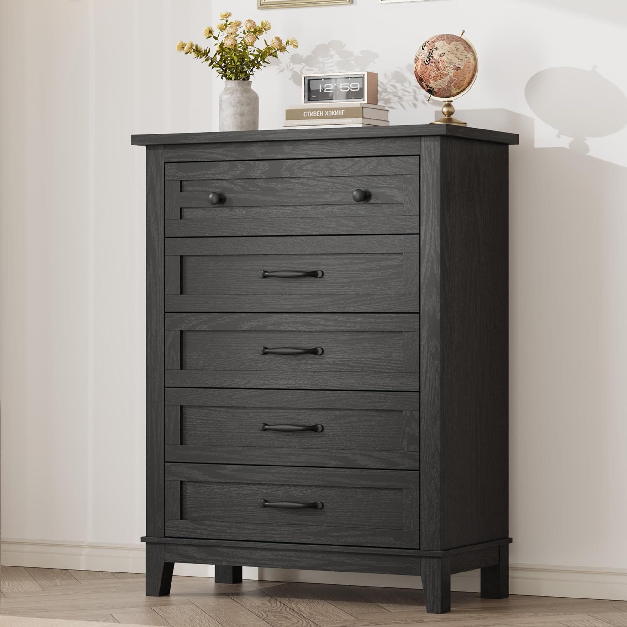 Qeetex GG-W546F117 5 Drawer Dresser Black Freestanding 41.3 Inch Tall Vertical Wooden Chest of Drawers with Storage Drawer for Living Room Bedroom Entryway