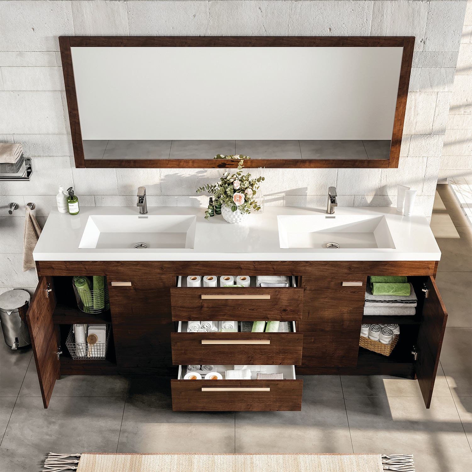 Eviva Lugano 84-in Rosewood Double Sink Bathroom Vanity with White ...