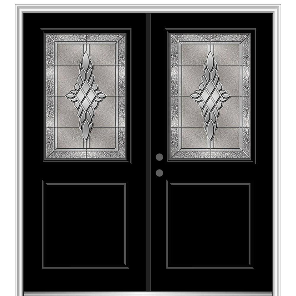 MMI DOOR ZZ365683R 72-in x 80-in x 4-9/16-in Fiberglass Half lite Right-hand inswing Black Painted Prehung Double Front Door with Brickmould Insulating core