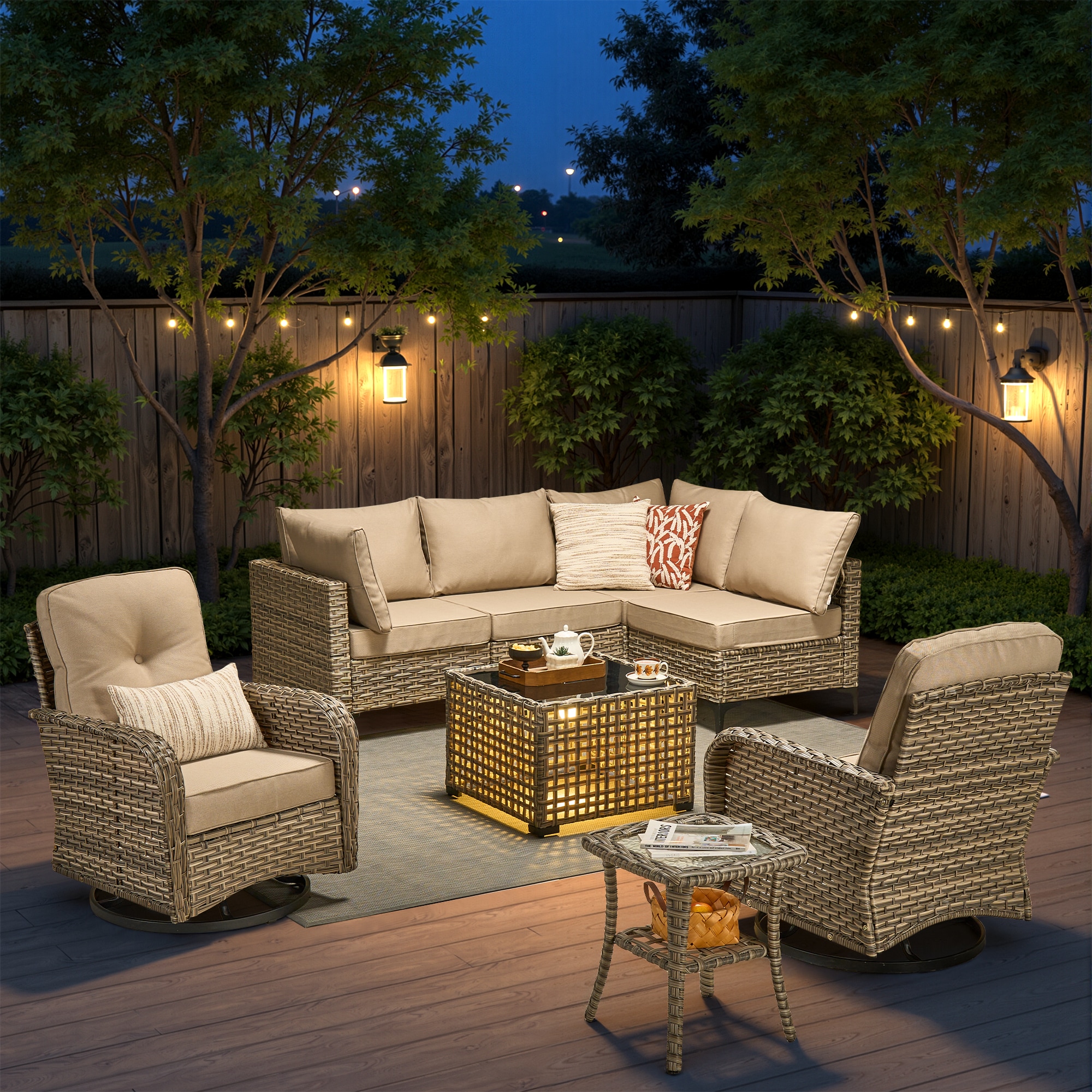 weaxty DSCRRSYZVNC608 Lotus Wicker Outdoor Sectional with Off-white Cushions and Steel Frame