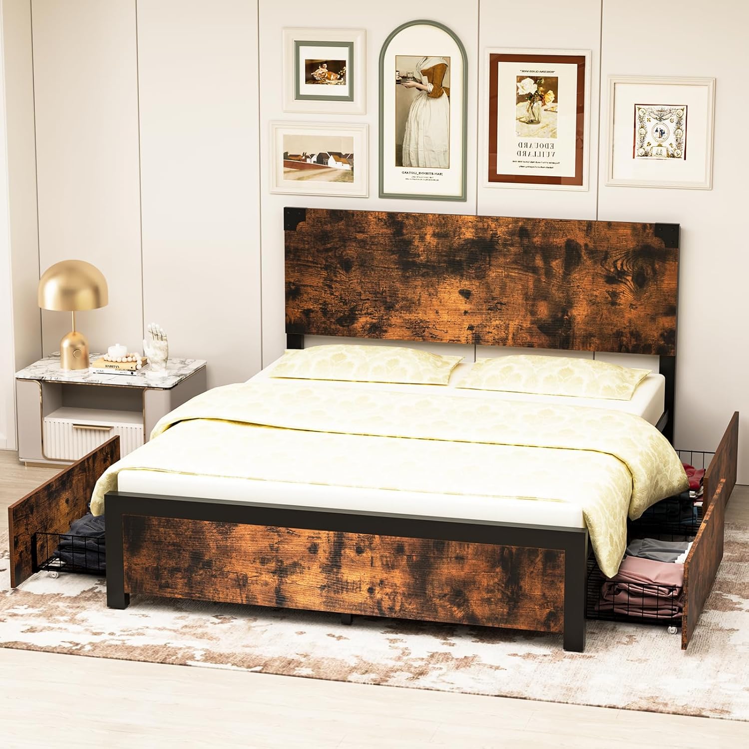 Qeetex PD-PHO-0V1QCDK0 Queen Bed Frame With Headboard-4 Storage Drawers-Metal Platform-No Box Spring Needed-Easy Assembly