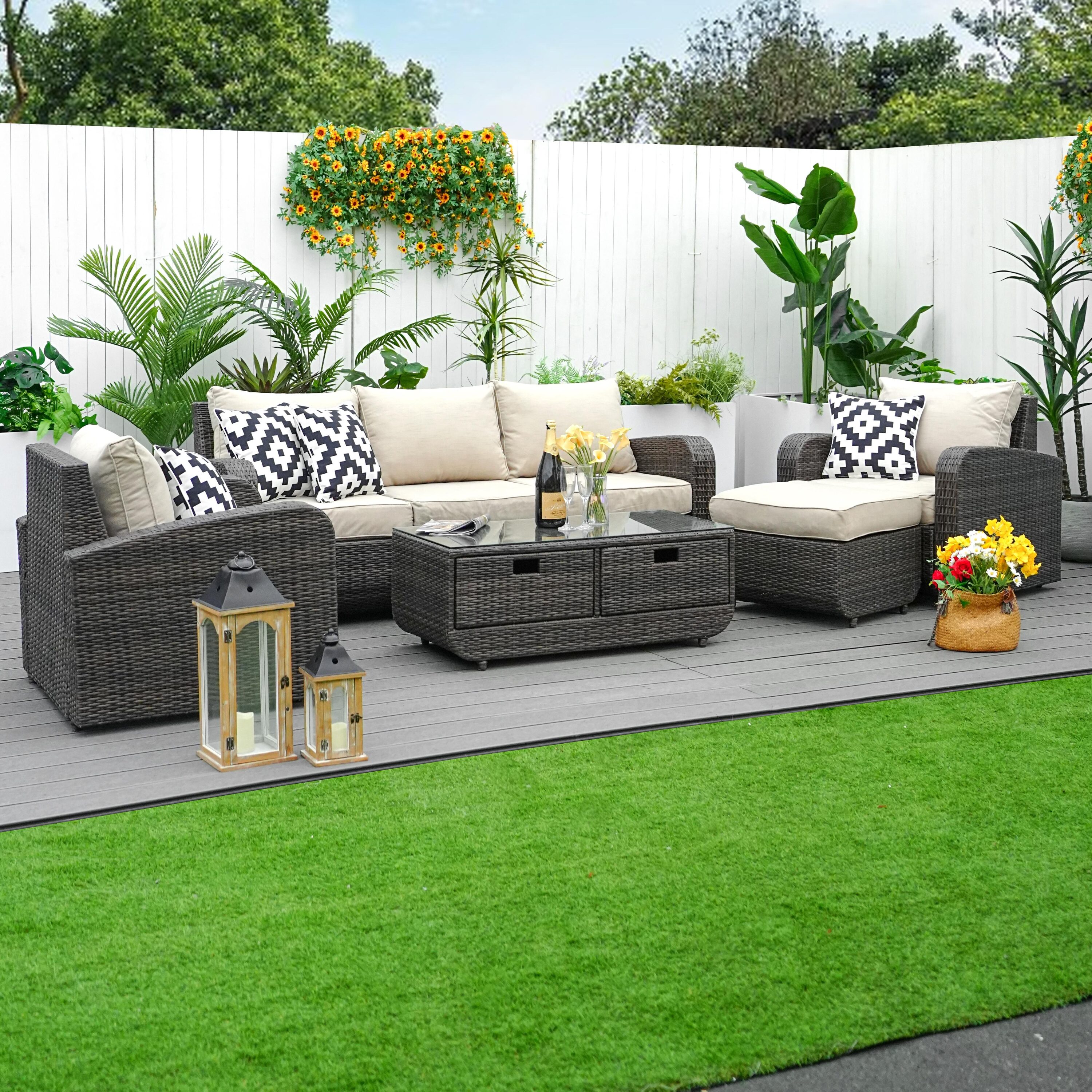 Direct Wicker DWS-1515-BROWN Geo 5 -Piece Wicker 2 Patio Sofa Conversation Set with Tan Cushions