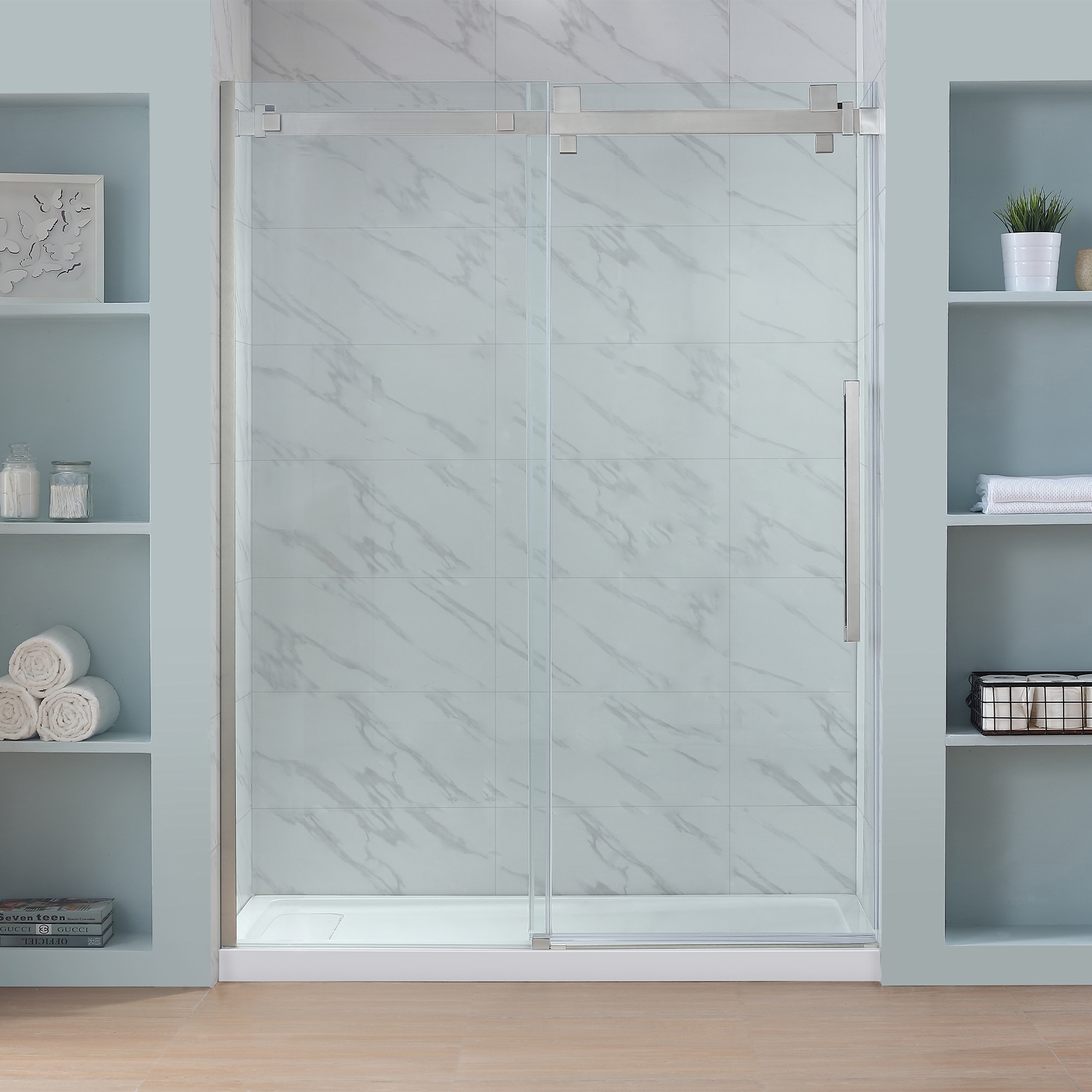 OVE Decors 15SKC-GLE260-SAT Glendale Satin Nickel 2-Piece 36-in x 60-in x 81-in Base/Door Rectangular Alcove Shower Kit (Left or Right Drain)