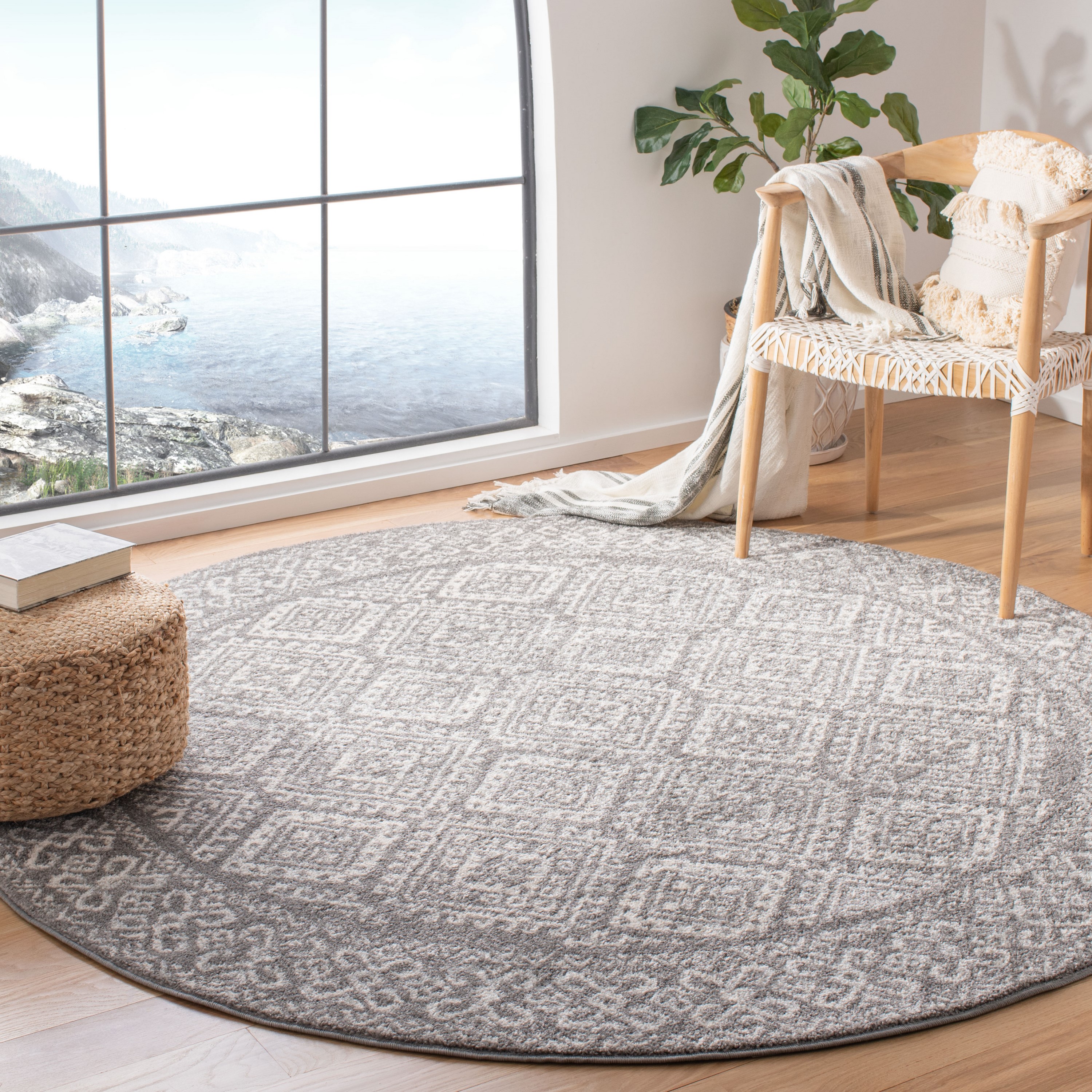 Safavieh TUL264F-9R Tulum Virden 9 x 9 (ft) Loomed Polypropylene Dark Gray/Ivory Round Indoor Geometric Bohemian/Eclectic Area rug