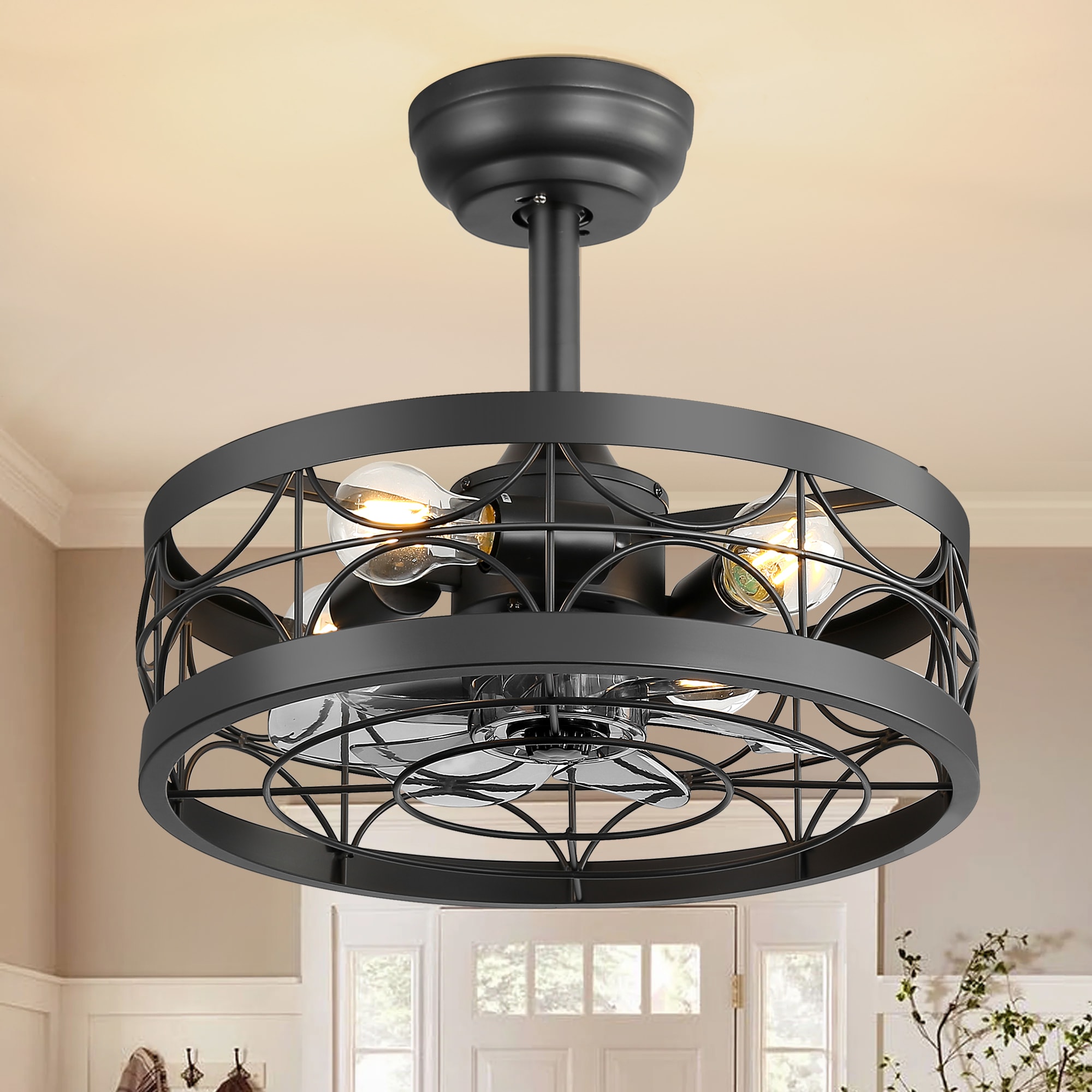 Breezary 35003-BK 17-in Matte Black with Gray Blades Fandelier Ceiling Fan With Light - Remote Included ( 7 -Blade )