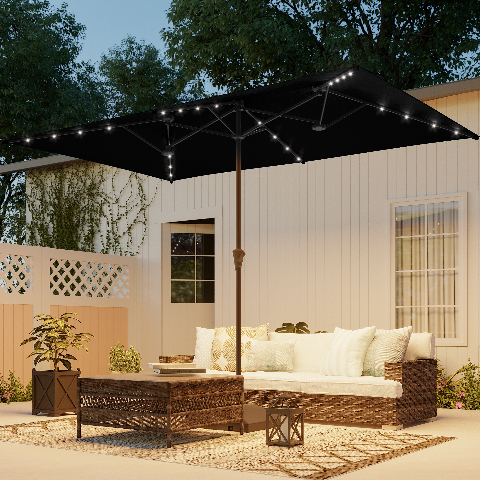 ACEGOSES LW-TP305BK 7-ft Steel Black No-tilt Market Patio Umbrella with Lights