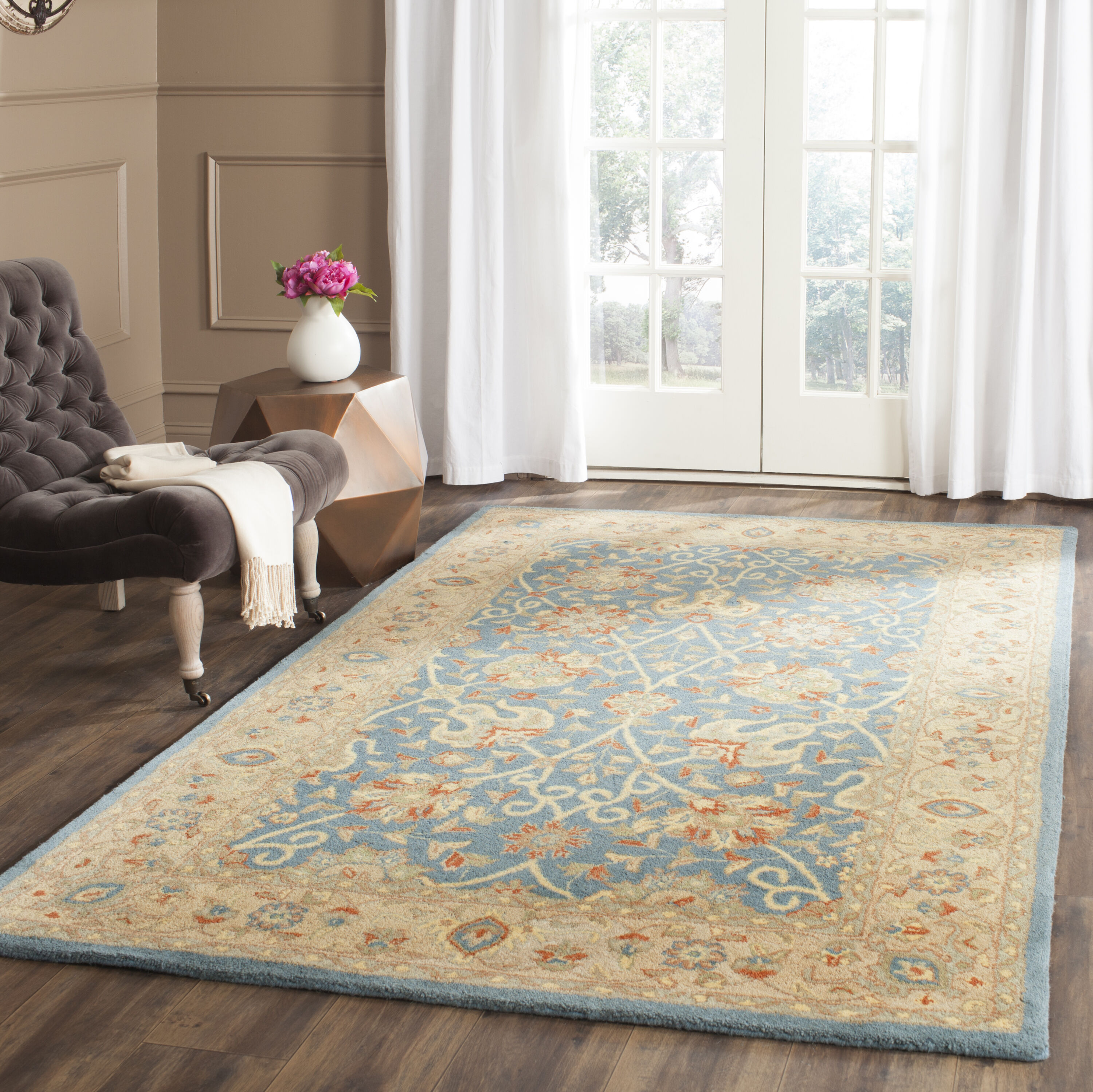 Safavieh AT21E-24 Antiquity Dergaz 2 x 4 (ft) Tufted Wool Blue Rectangular Indoor Floral/Botanical Vintage Throw rug