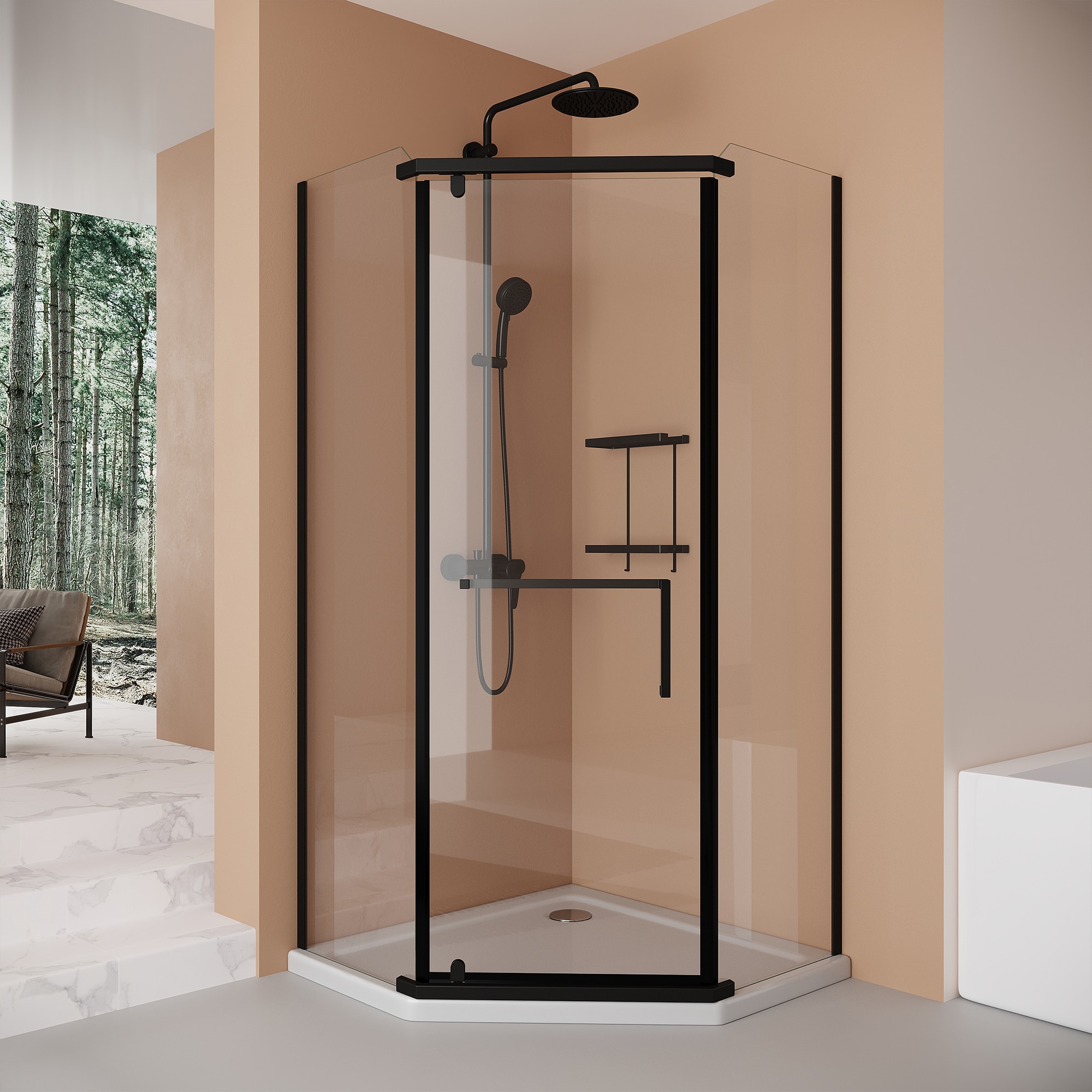 PexFix 36-in x 36-in x 72-in H Frameless Neo-Angle Pivot Shower Enclosure 6mm Tempered Glass Bathroom Shower Door Matte Black Shower Base Not Included