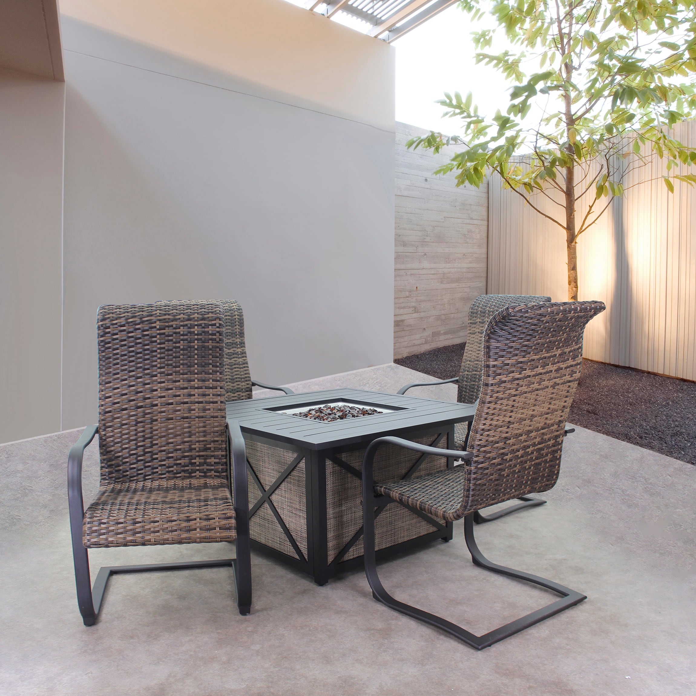 Courtyard Casual 5699 Santa Fe - Java 5 -Piece Java Brown Wicker Patio Dining Set Aluminum Square Table with 4 Spring Motion Chairs
