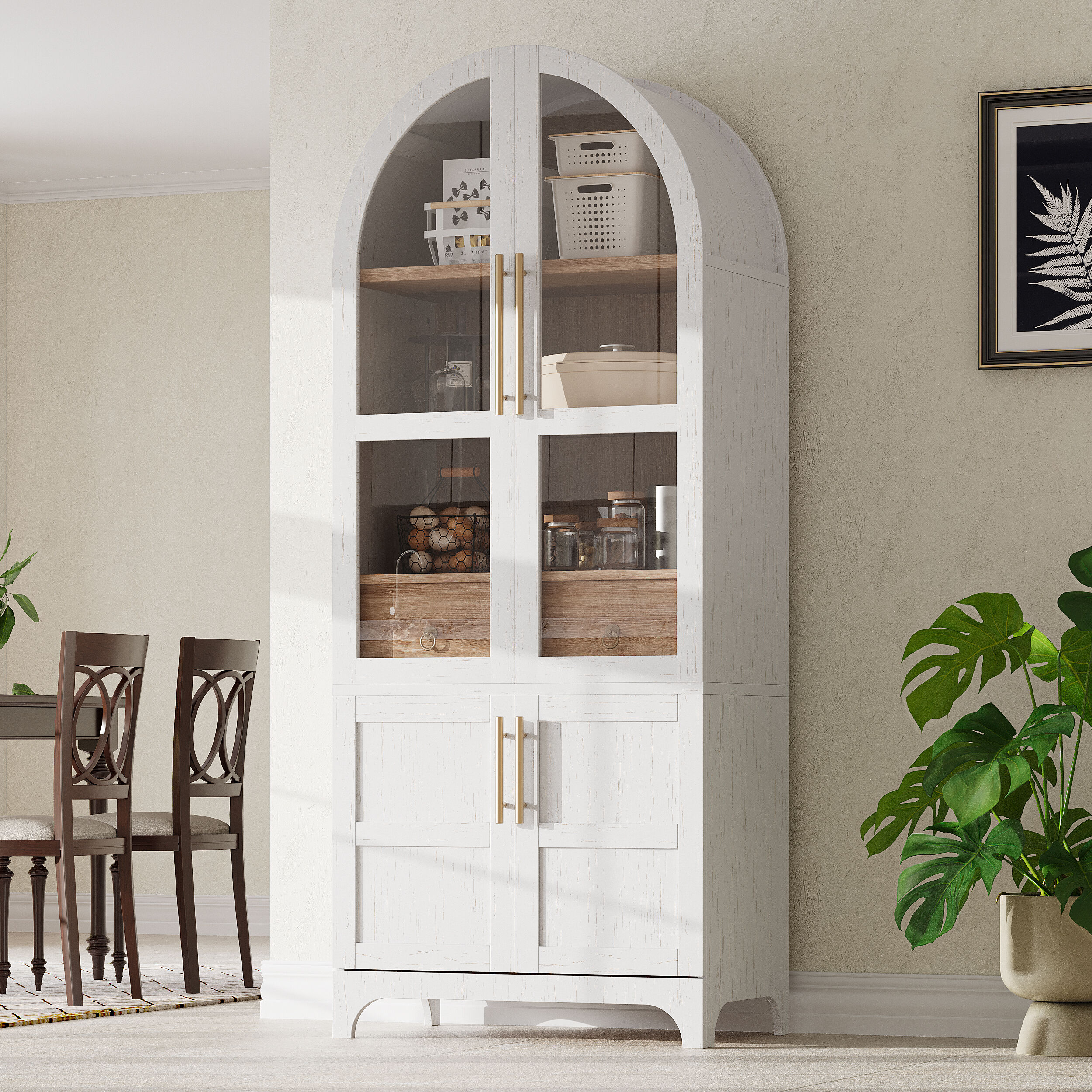 Vynxaria 30-in W x 71-in H x 15.75-in D White Freestanding Kitchen Pantry Cabinet with Glass Doors and Adjustable Shelves and Drawers