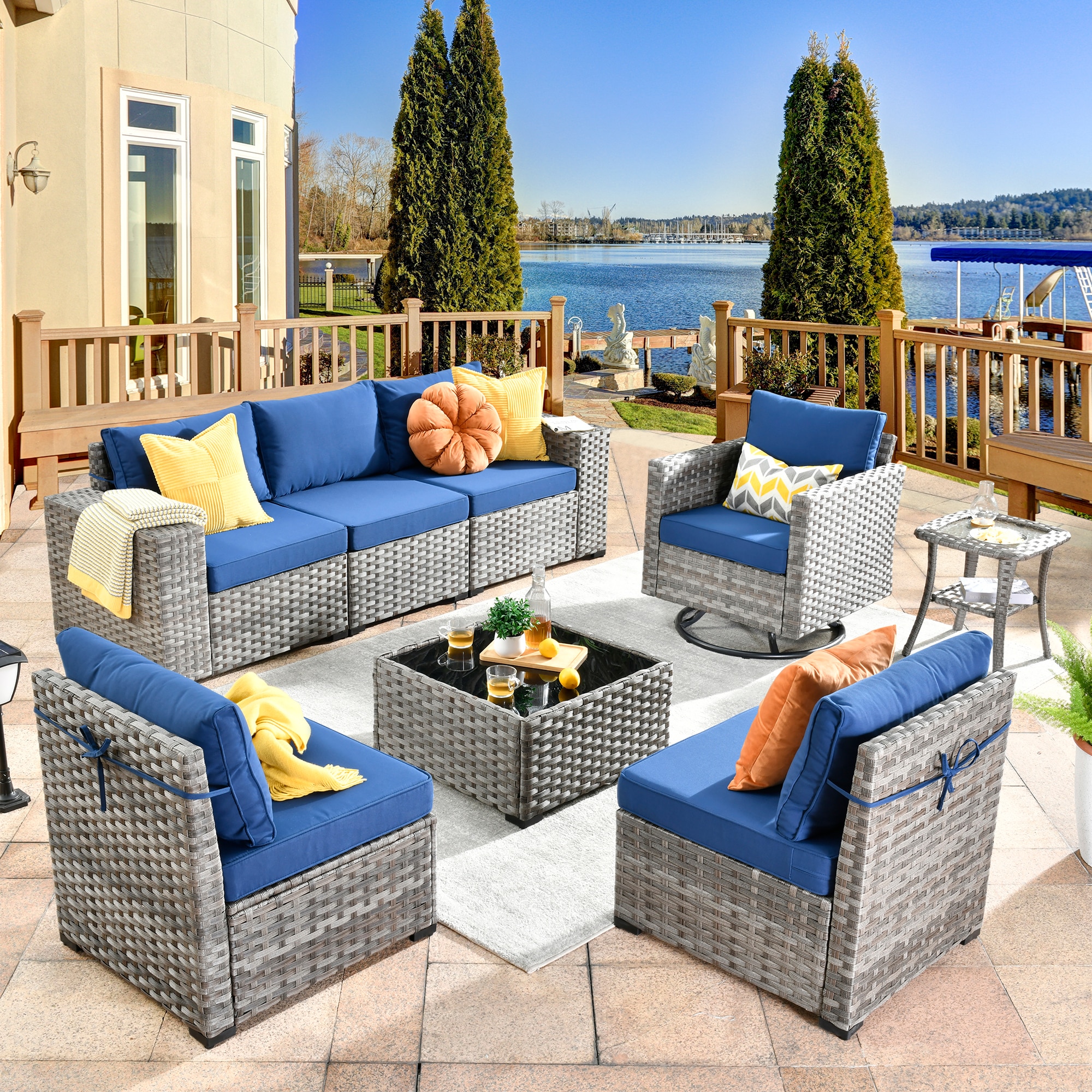 Ovios KFS700Y1 Shine Wicker Outdoor Sectional with Navy Cushions and Iron Frame