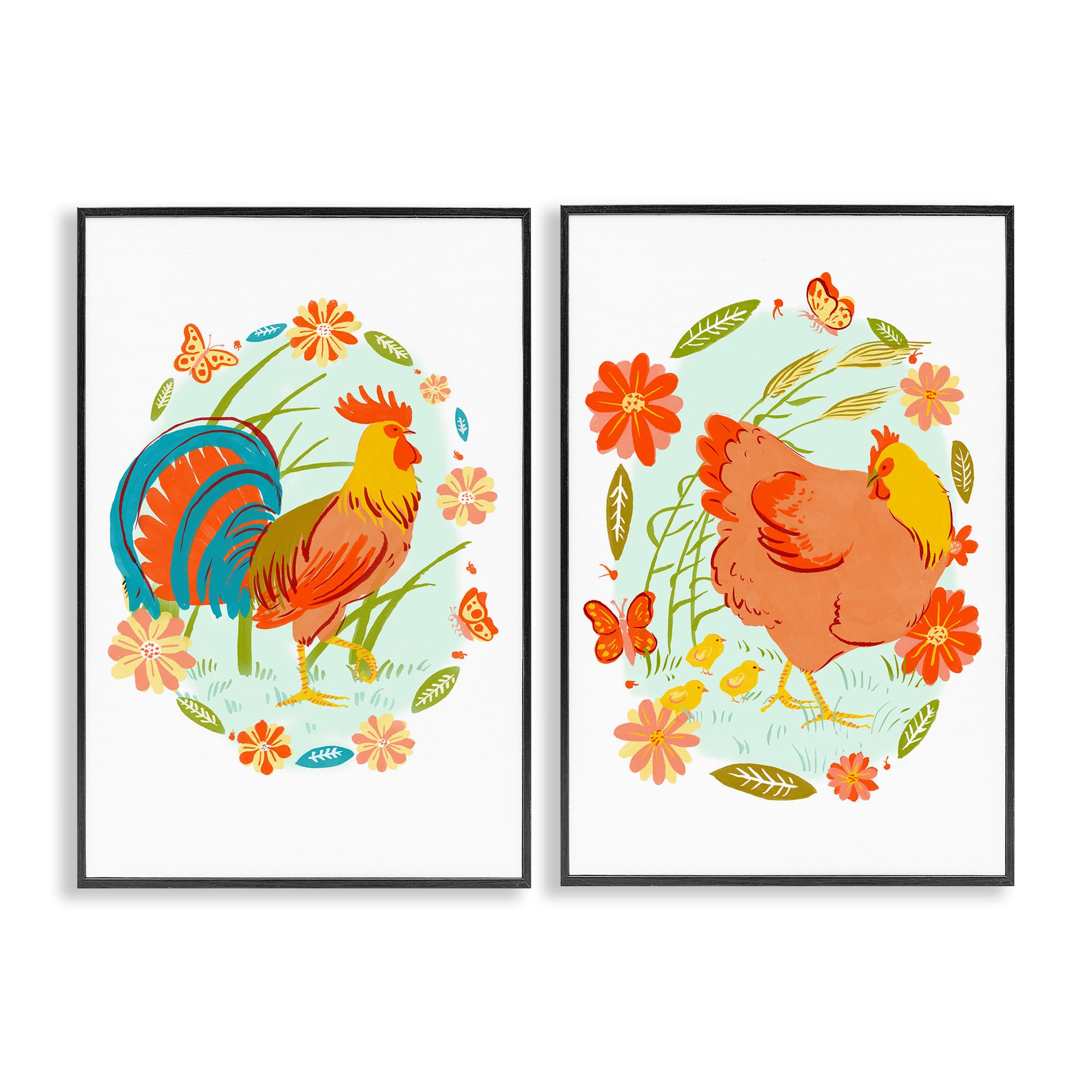 Stupell Industries B2-891-FR-2PC-12X18 Rooster and Hen with Florals 2 Piece Black Framed Giclee Art Set By Hannah Moren 12 x 18
